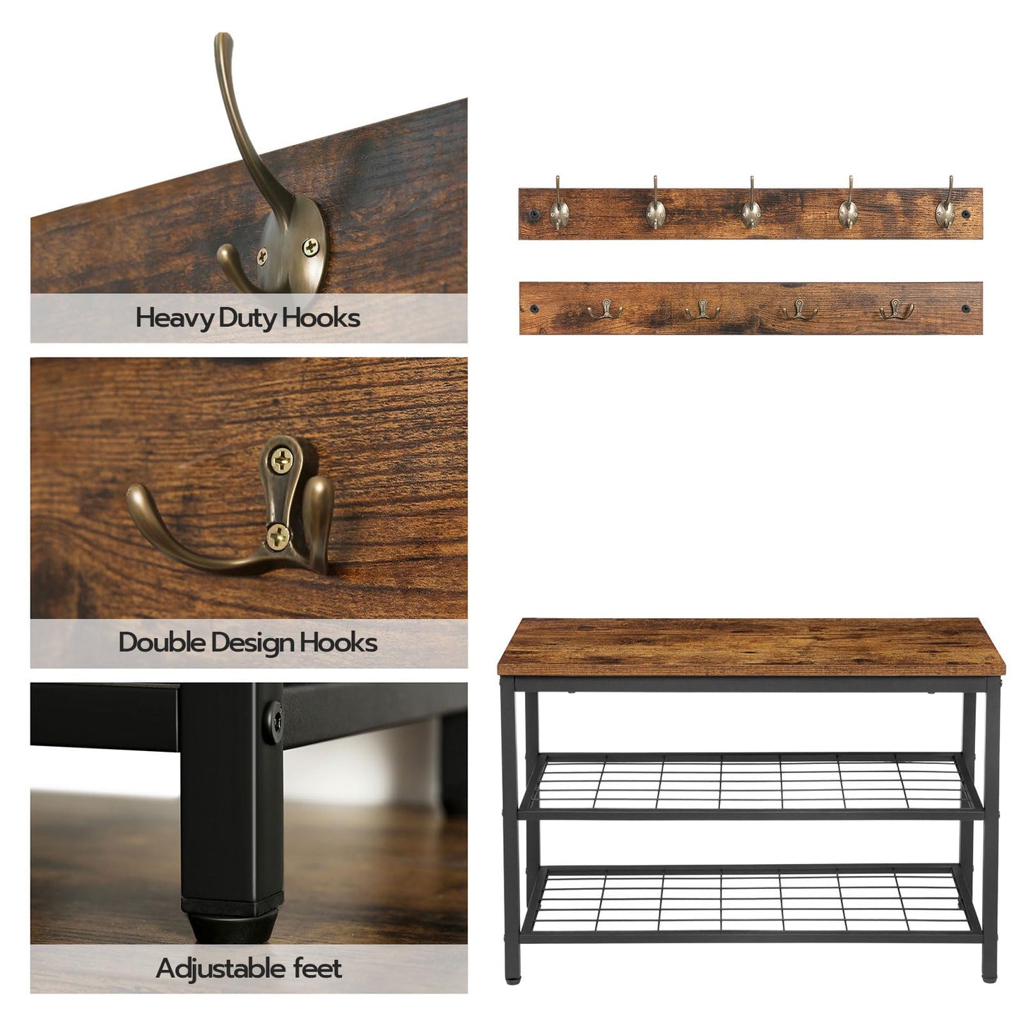 HOOBRO Hall Tree with Bench, Coat Rack Shoe Bench Set, Entryway Shoe Rack with Coat Hooks, Hall Tree Coat Rack, Mud Room, Industrial, for Foyer, Front Door, Rustic Brown BF07MT01