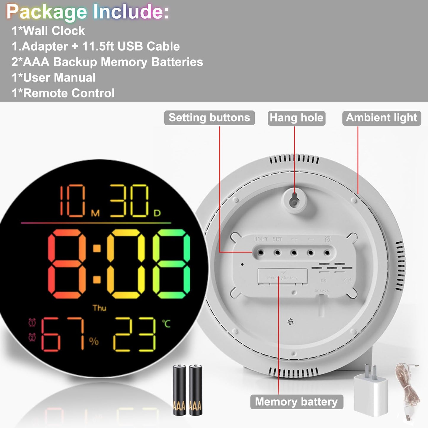 QINFIEY 10 Inch LED Wall Clock with RGB Ambient Light, Auto-Dimming, RGB Color/Time/Date/Temp/Humidity Display, Dual Alarms & Timer, Adjustment Brightness,Digital Round Clock for Bedroom Classroom