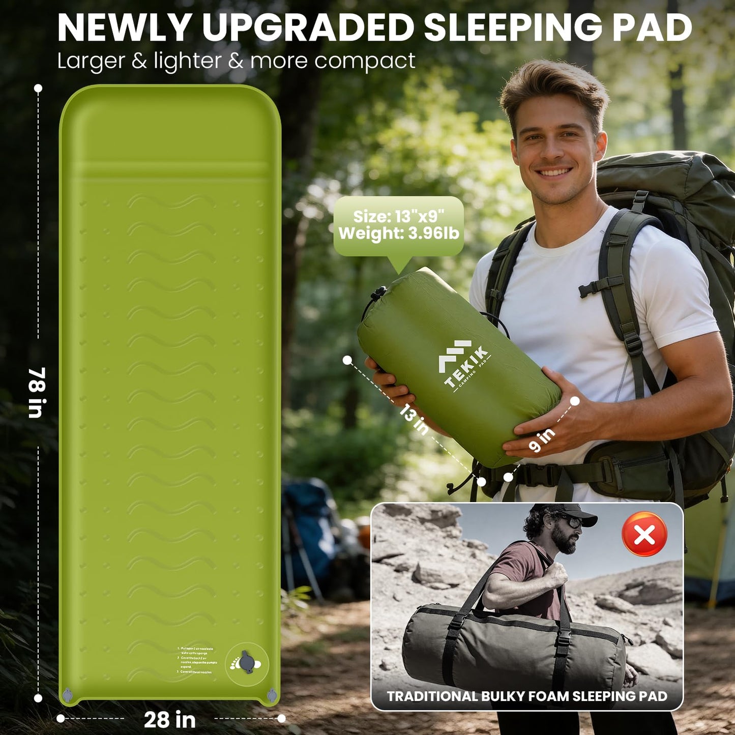 TEKIK Memory Foam Camping Pad, Ultra-Thick Foam Sleeping Pad for Camping with Pillow, 20s Fast self Inflate&Deflate, 9.5 R-Value Insulated Camping Mattress, Suitable for Tent, Car Travel & More