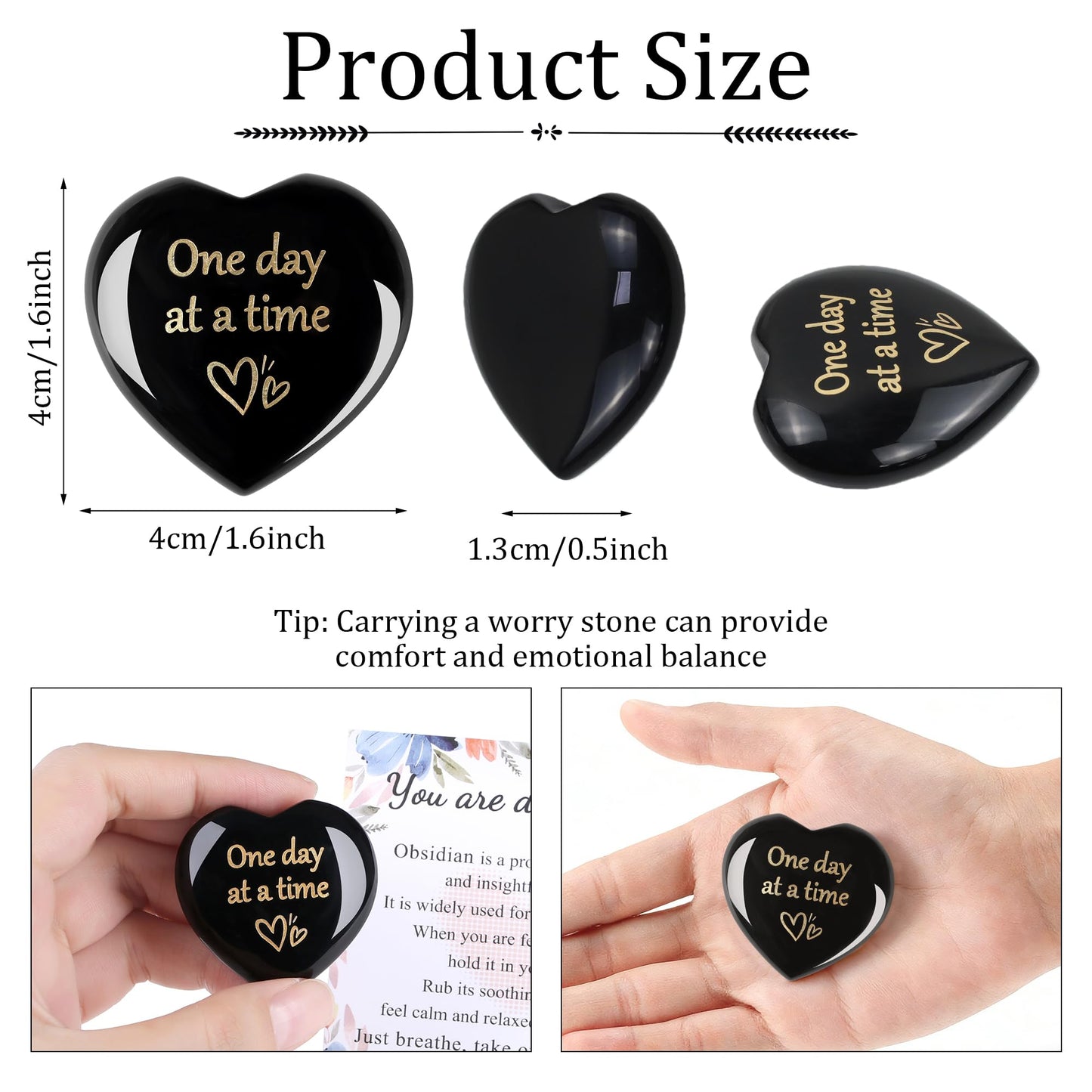 QINJIEJIE Black Obsidian One Day at A Time Heart Worry Stones Healing Crystal Thinking of You Gifts for Anxiety Relief Items You Got This Inspirational for Friend Encouragement Gift for Women Men