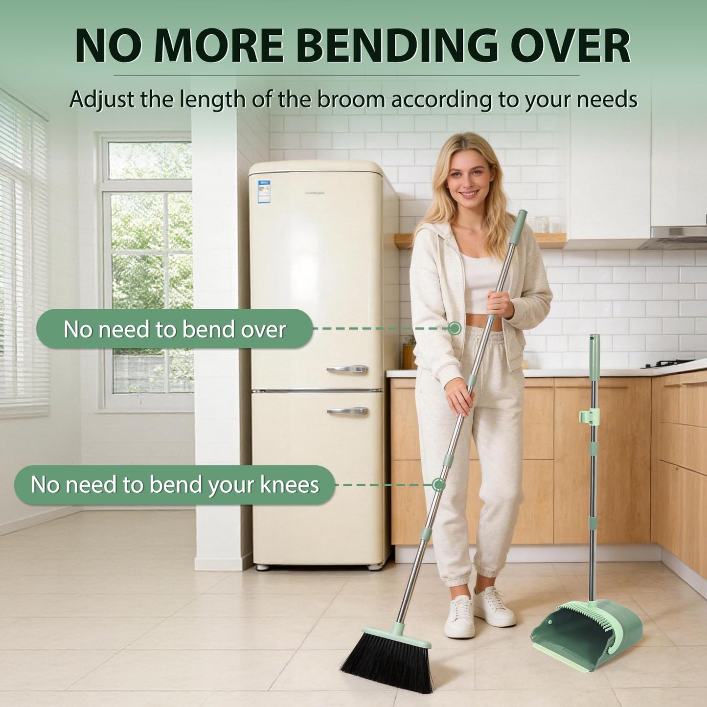 YZO Broom and Dustpan Set, 54.33 Inch Long Handle Standing Design, Dustpan Front Rubber Tight Seal, Broom with 5 Layer Bristles, Suitable for Living Room, Bedroom, Yard, Office and Apartment(Green)