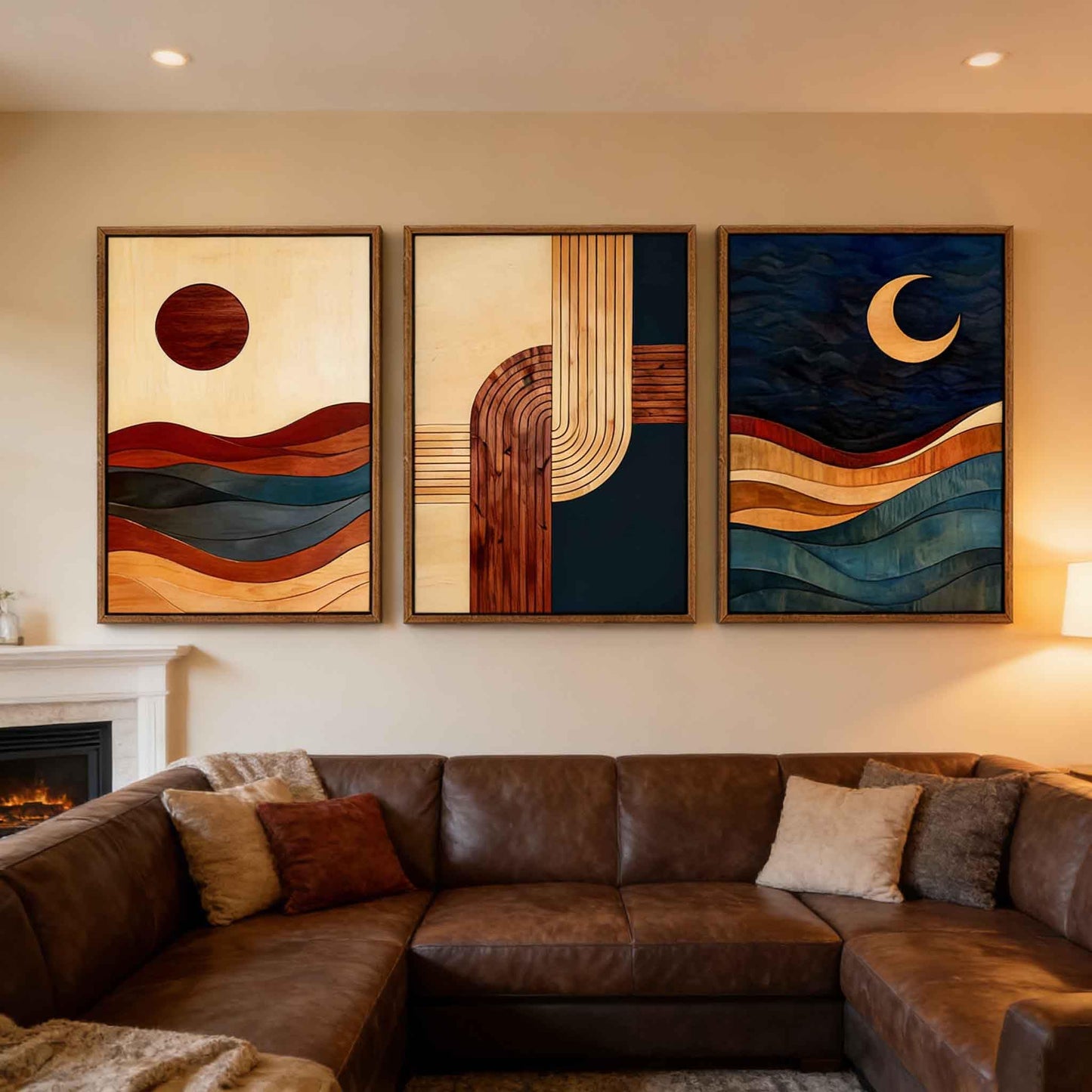【3-Piece】 16x24 Inch Framed Sun & Moon Modern Abstract Wall Art - Boho Mid-Century Geometric Canvas Decor for Living Room