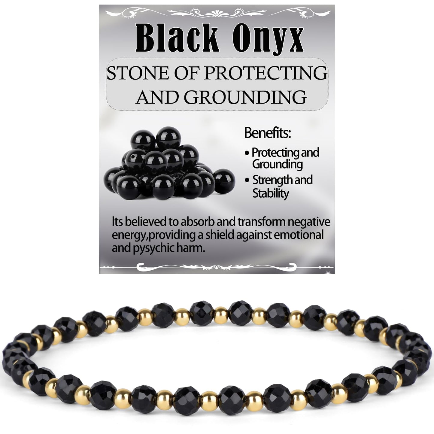 QOGIR Black Onyx - Protecting and Grounding - 14K Gold Plated Beads Natural Gemstone Stretch Elastic Dainty Healing Beaded Bracelets Gifts 4mm