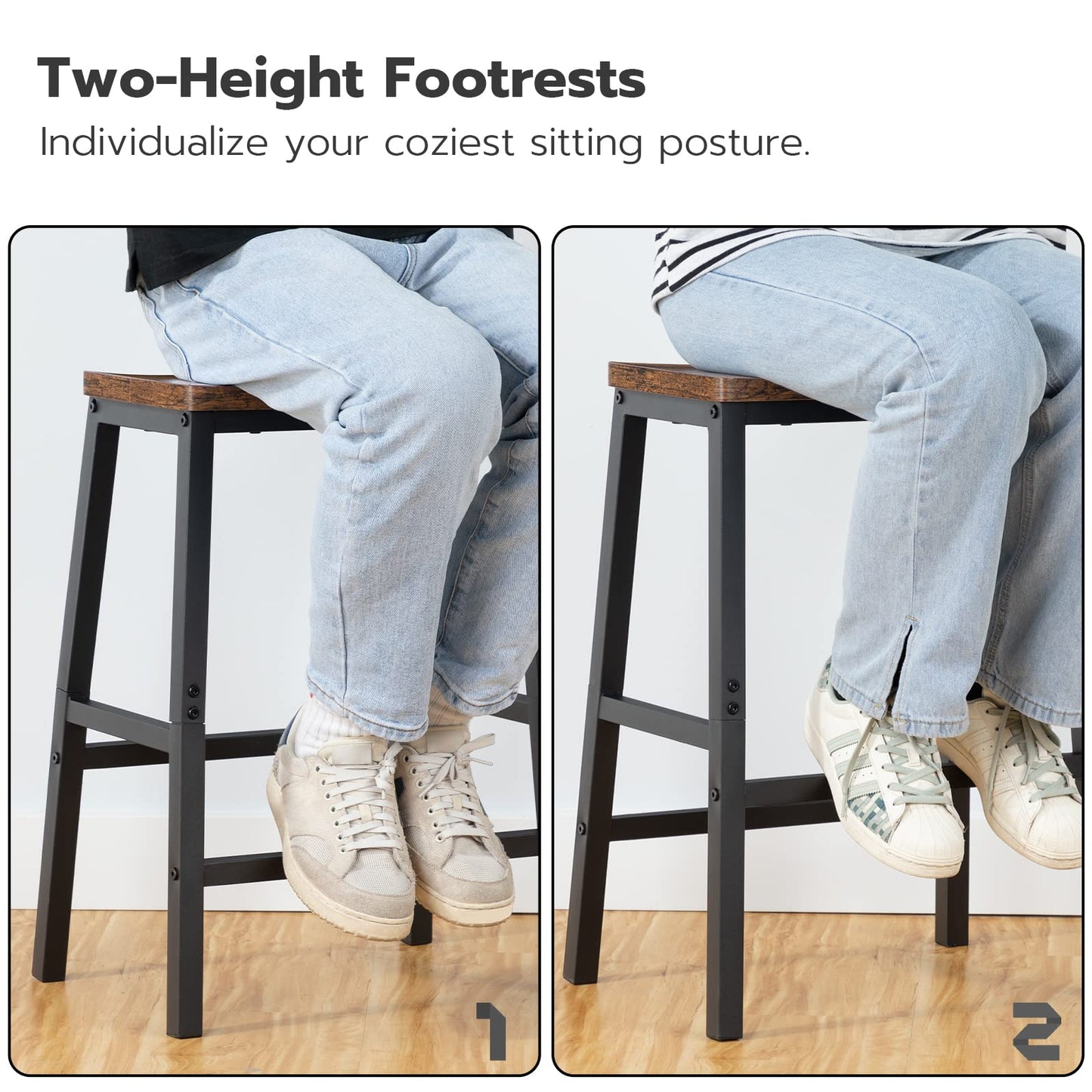 HOOBRO Bar Stools, Set of 2 Bar Chairs, 23.6 Inch Saddle Stools, Kitchen Counter Seat with Footrests, Industrial Barstools for Dining Room, Kitchen, Counter, Rustic Brown and Black BF02MD01