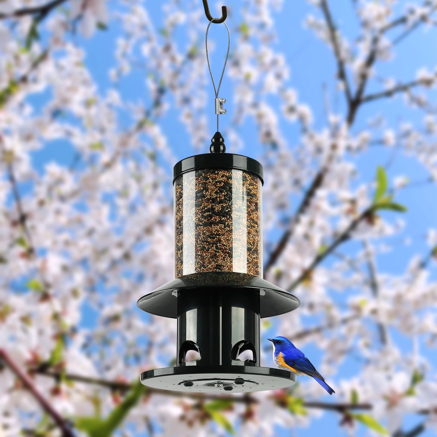 Squirrel Proof Bird Feeder - 360° Feeding Perch Tray for Outdoor Hanging Wild Bird Seeds, Dark Green.