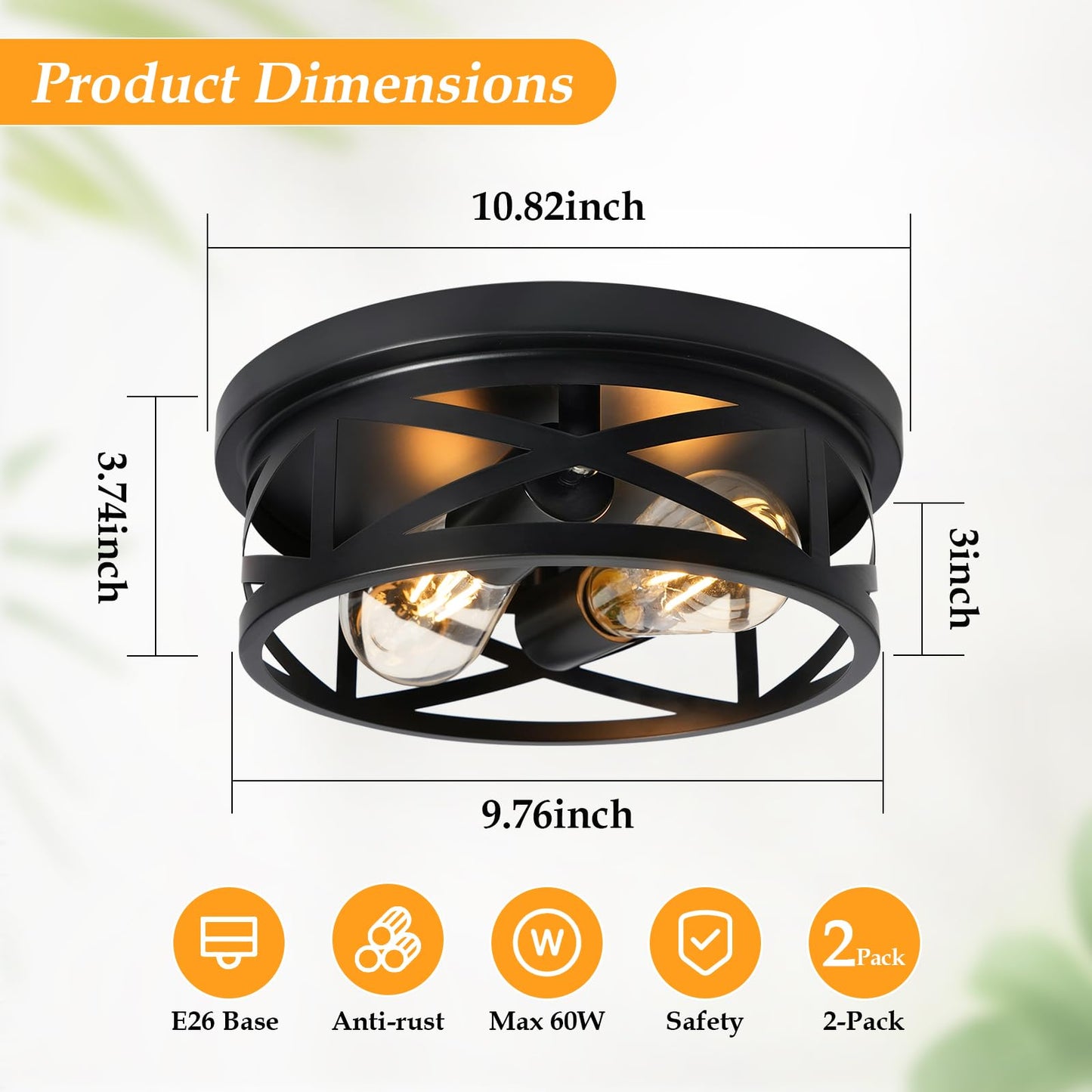 Elekeed 2-Light Flush Mount Ceiling Light Fixture, Farmhouse Ceiling Lights for Kitchen, Modern Black Close to Ceiling Light for Hallway Bedroom Balcony Porch Stairway, E26, (2 Pack)