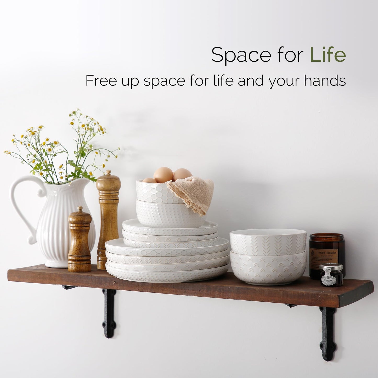 Stoneware Dinnerware Sets Service for 4, 12 pcs Reactive Glaze Plates and Bowls Sets, Embossed Boho Ceramic Dish Set, Highly Chip and Crack Resistant Farmhouse Plate Set, Ivory White