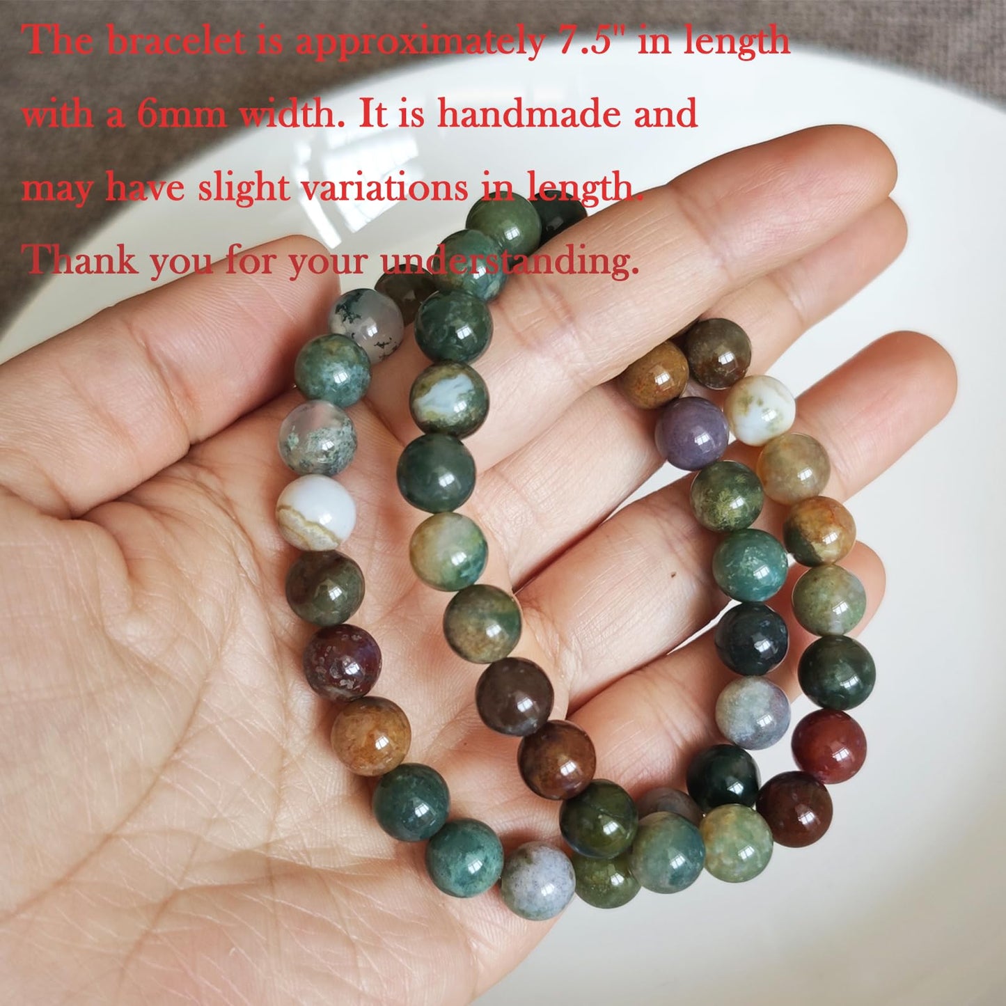 Handmade Natural Gemstone Elastic Bracelet - Healing Crystal Beads Jewelry, Unisex (Indian Agate, 8mm)