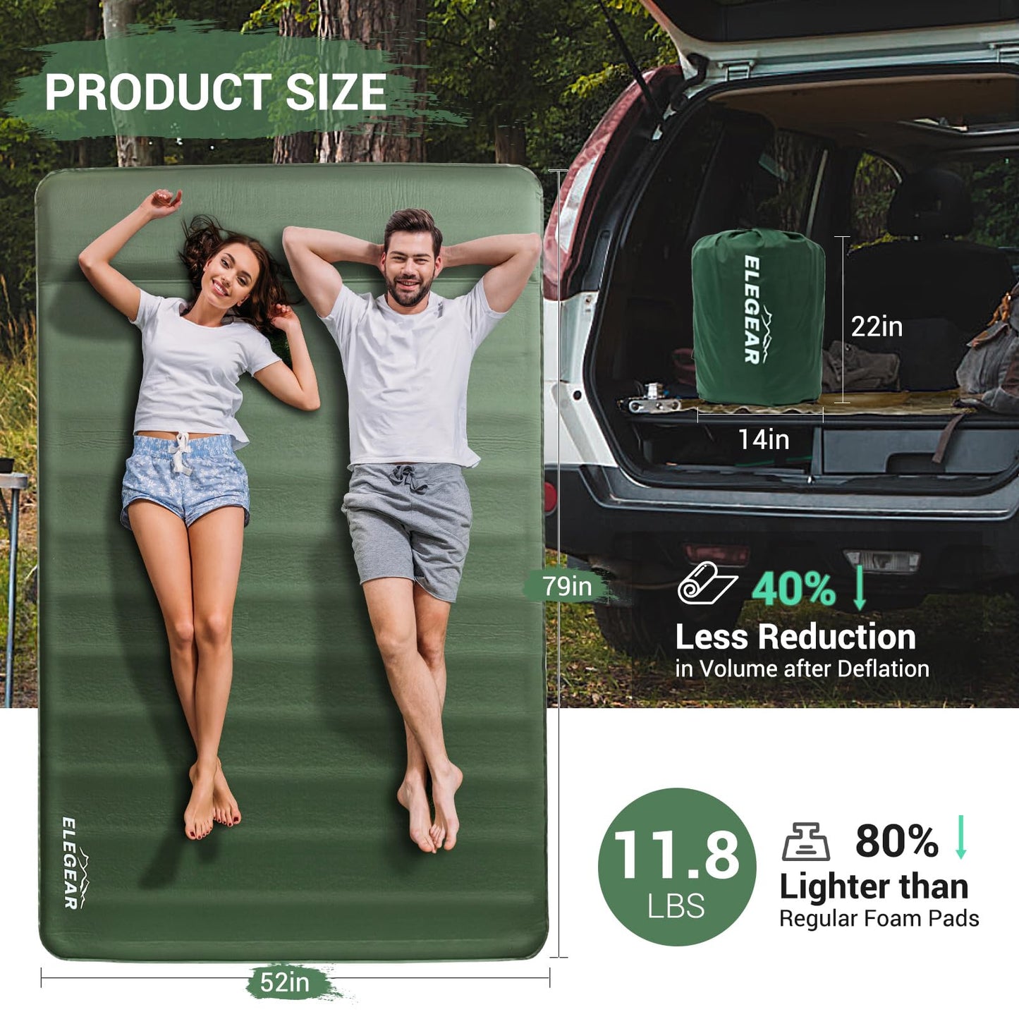 Elegear CumbreX™ Air & Foam Self Inflating Sleeping Pad, Built-in Electric Pump 4" Ultra-Thick Memory Foam Camping Mattress with Pillow Double Camping Pad 4-Season R-value 9.5 Camp Mat for Travel Full