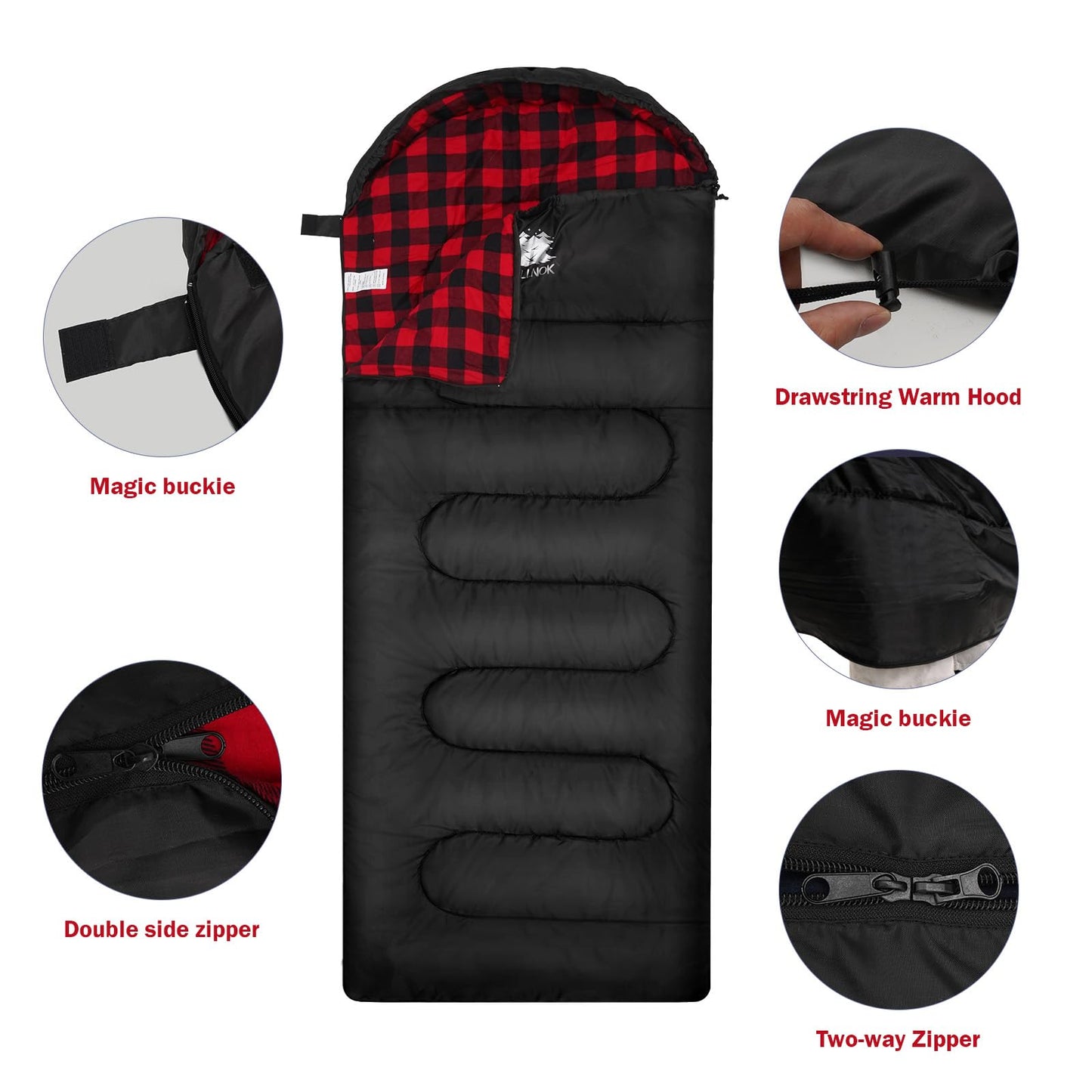 FJALLNOK Warm & Cold Weather Sleeping Bag,100% Cotton Flannel,Extra-Large for Adults & Kids,Lightweight Waterproof for Camping Hiking and Backpacking,Free Compression Sack (0-32℉- Black/Red)