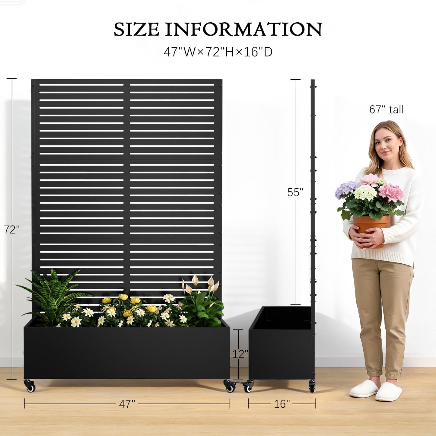 Baotree Metal Raised Garden Planter Bed, 72"x47"x16" Outdoor Planter Box with Trellis and Wheels for Climbing Plants, Vegetables & Vines, Features Drainage Holes and Privacy Screen (Black-Louvered)