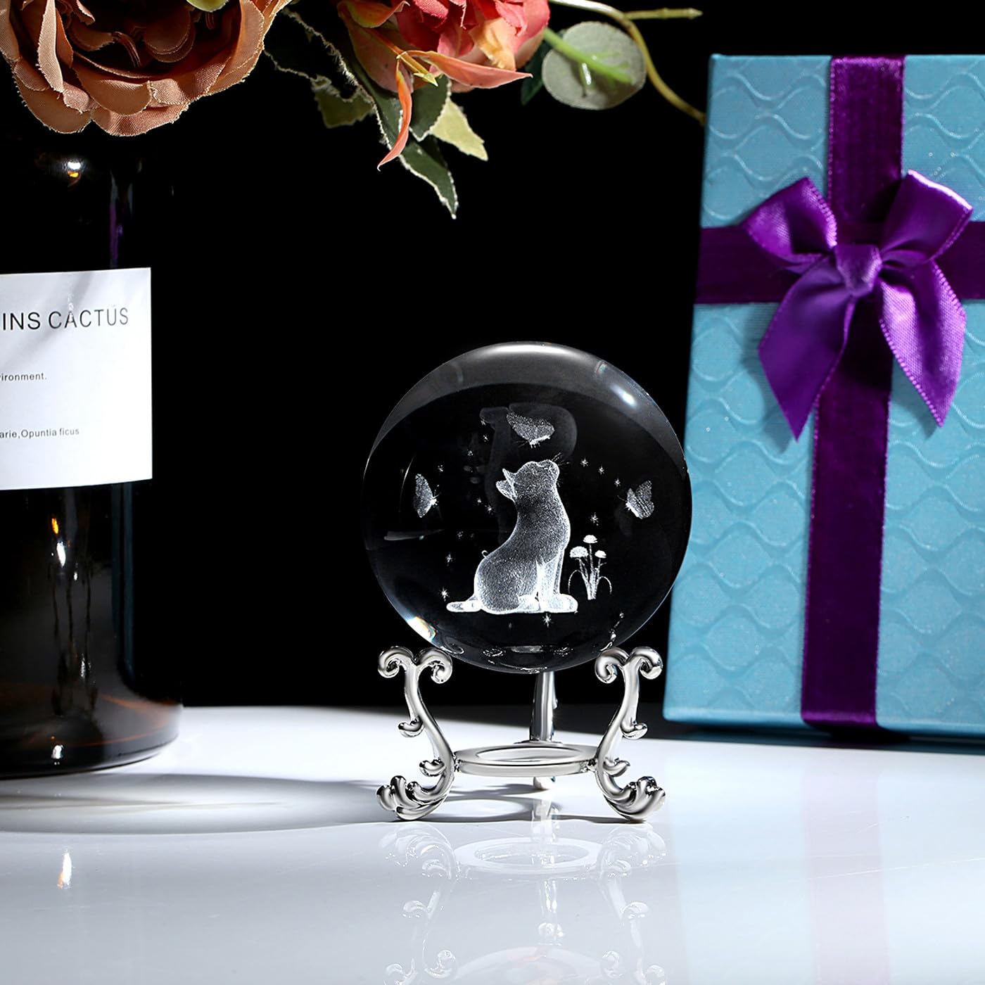 MAIBAOTA Cat Gifts for Cat Lovers Women 3D Crystal Cats Theme Stuff Figurines Money Attraction Decor Good Lucky Gifts 60mm Glass Laser Ball Paperweight with Stand Glass Sphere