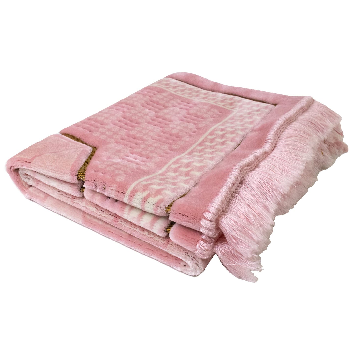 Modefa Turkish Islamic Velvet Prayer Rug - Thick & Wide Soft Praying Carpet for Men & Women - Double Plush Large Janamaz - Eid & Ramadan Gift - with Kufi, Beads & Car Hanger - Geometric Noor (Pink)