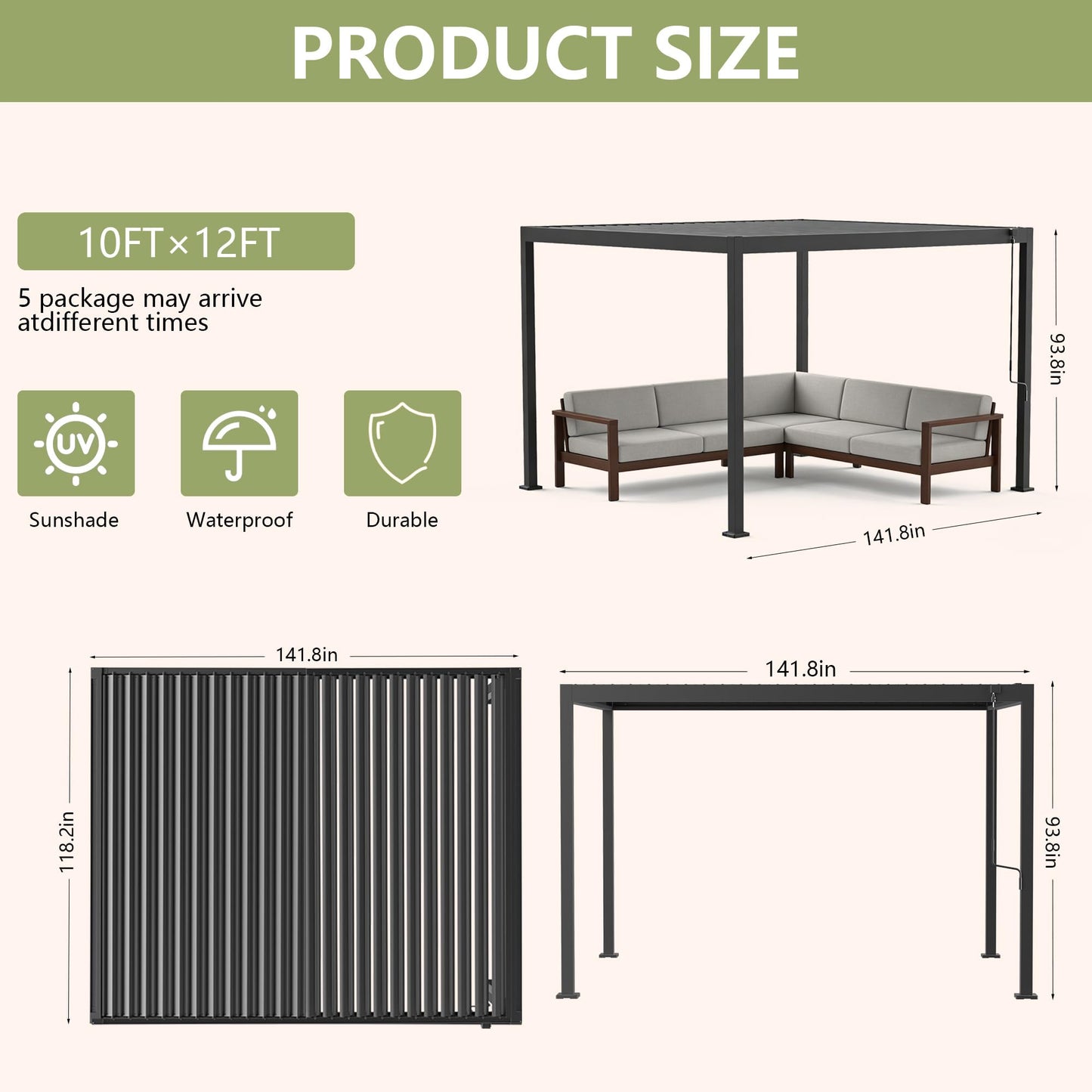 Orithm Louvered Pergola 10x12 FT, Aluminum Outdoor Pergola with 0°-90° Adjustable Hardtop Roof, Heavy Duty Metal Pergola for Patios, Deck and Backyard, Anti-Rust & Concealed Drainage, Charcoal Gray