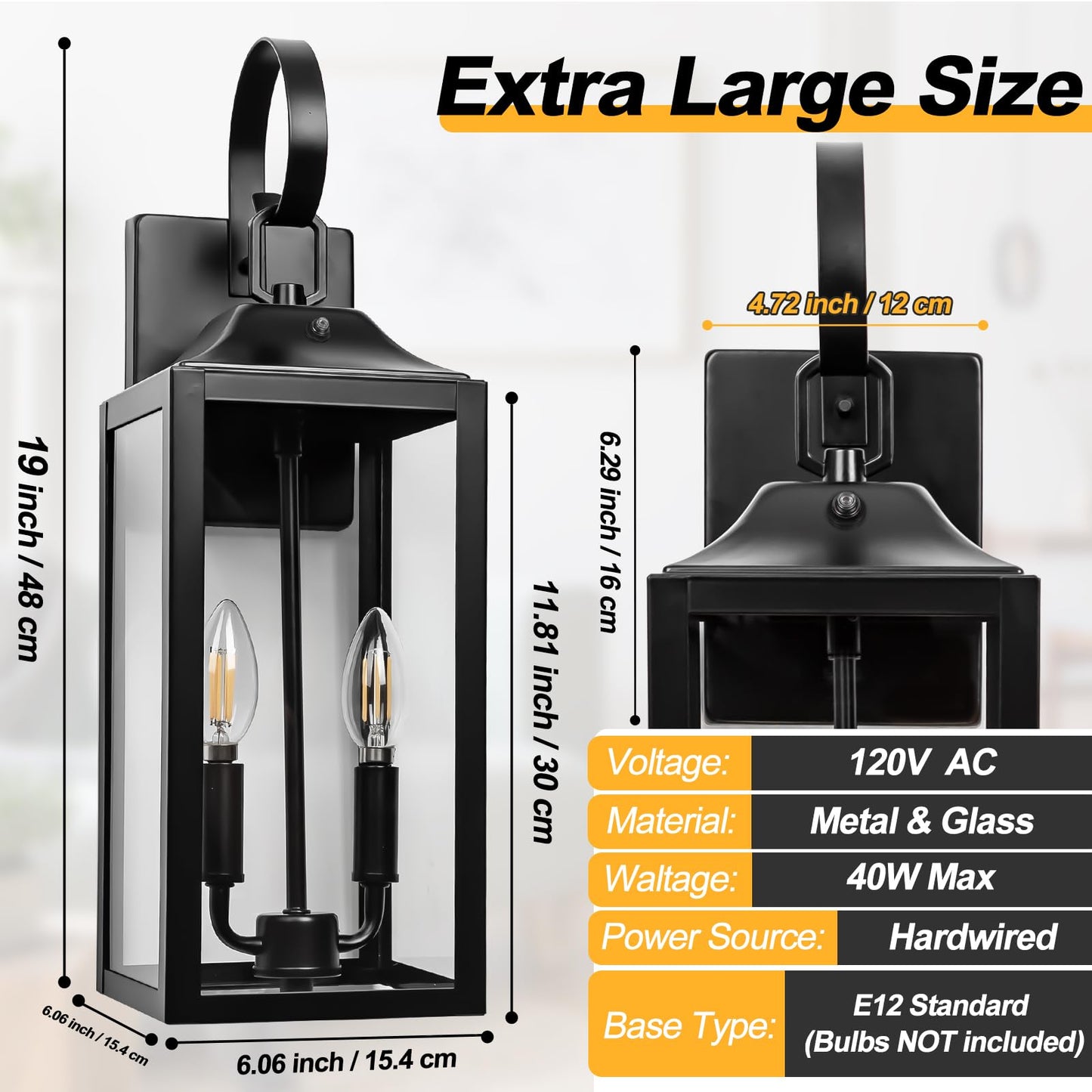 Black Dusk to Dawn Outdoor Wall Lantern 2-Light, 19" Large Modern Outdoor Wall Lights, Industrial Porch Lights Wall Mount with Tempered Glass, Waterproof Farmhouse Exterior Lighting Fixtures, 2 Packs
