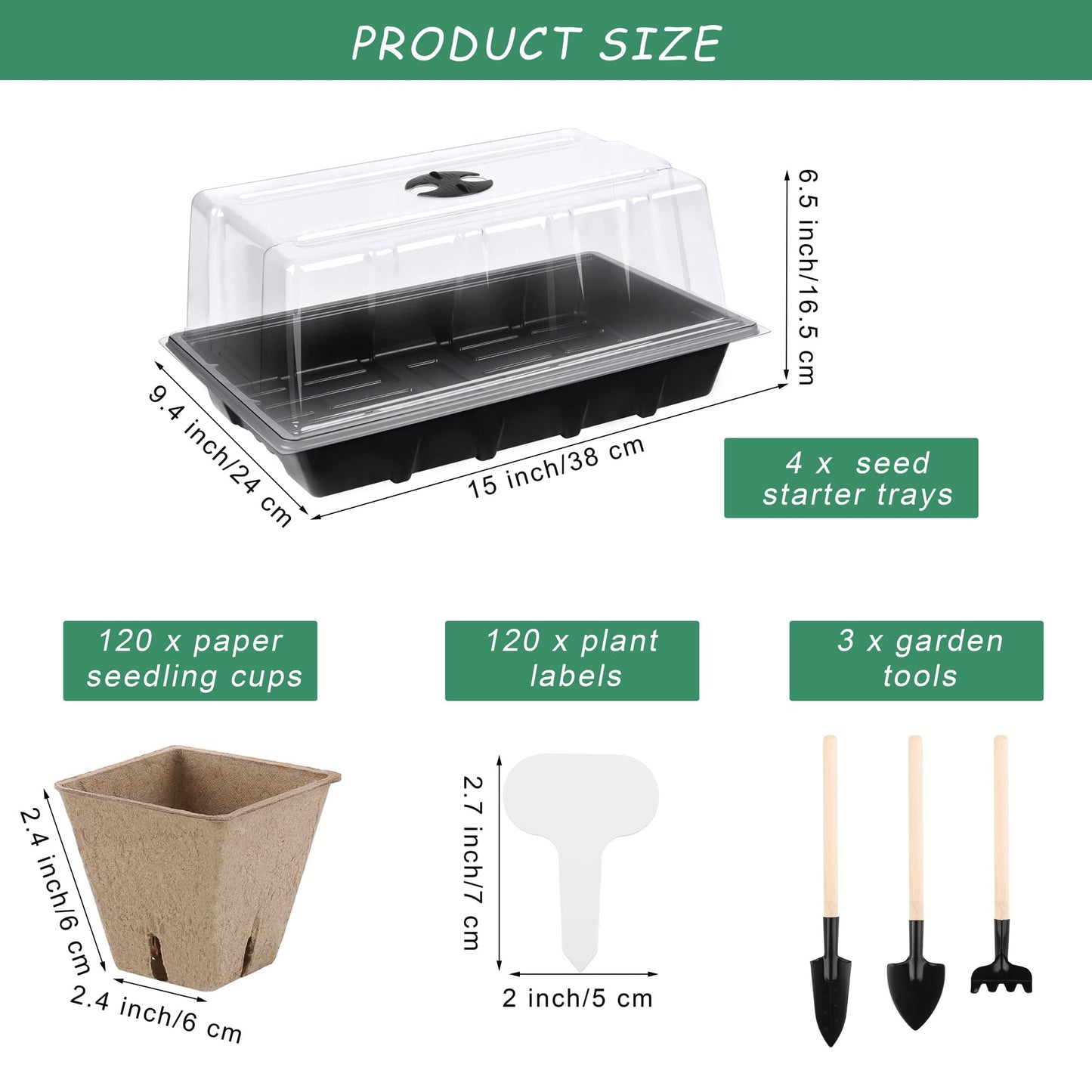 Hahood 4 Pack Seed Starter Tray Kit, 120 Square Seed Peat Pots for Seedlings with Plants Labels, Planting Tools, Plastic Growing Germination Trays with Lids for Indoor Outdoor Gardening, Black