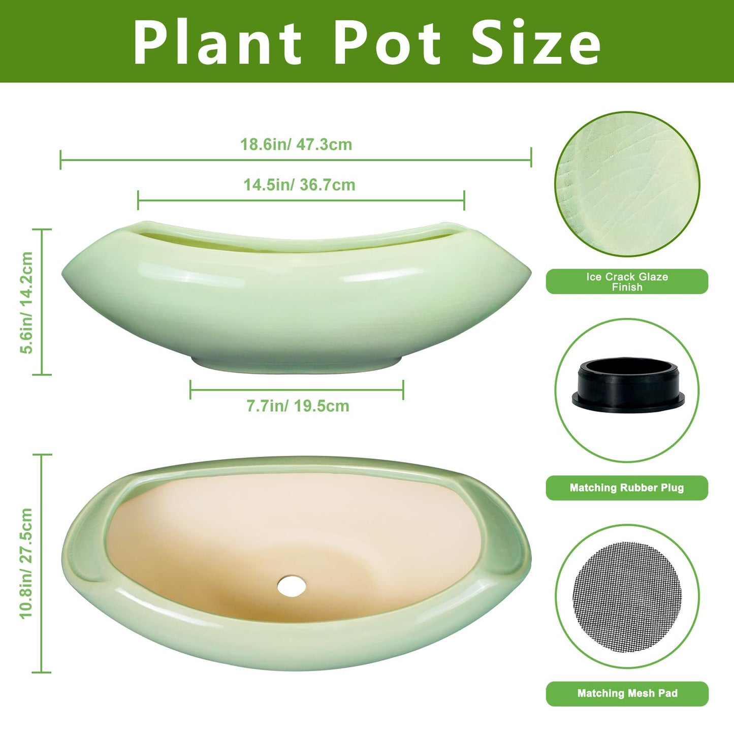 Teagas Ceramic Bonsai Pots - Large Succulent Planter 18 Inch Plant Pot Indoor Succulent Pot with Drainage Hole Outdoor Planter Bonsai Tree Pot for House Home Garden Decor Green