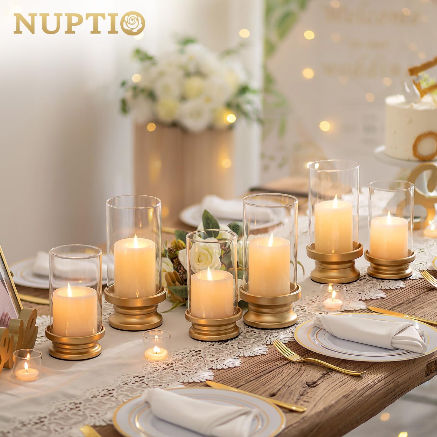 NUPTIO Hurricane Candle Holder Gold: Pillar Candle Holders with Clear Glass Sleeve - Set of 2 Decorative Brass Metal Pillars Stand for Dining Table Centerpiece Shelf Fireplace Mantel Decor