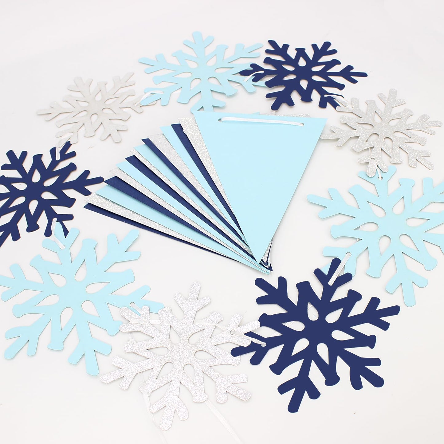 Vofrise 2Pack Blue and Silver Snowflake Banner Winter Wonderland Birthday Party Decorations Snow Themed Pennant Banner Flag Christmas Baby Shower Party Supplies
