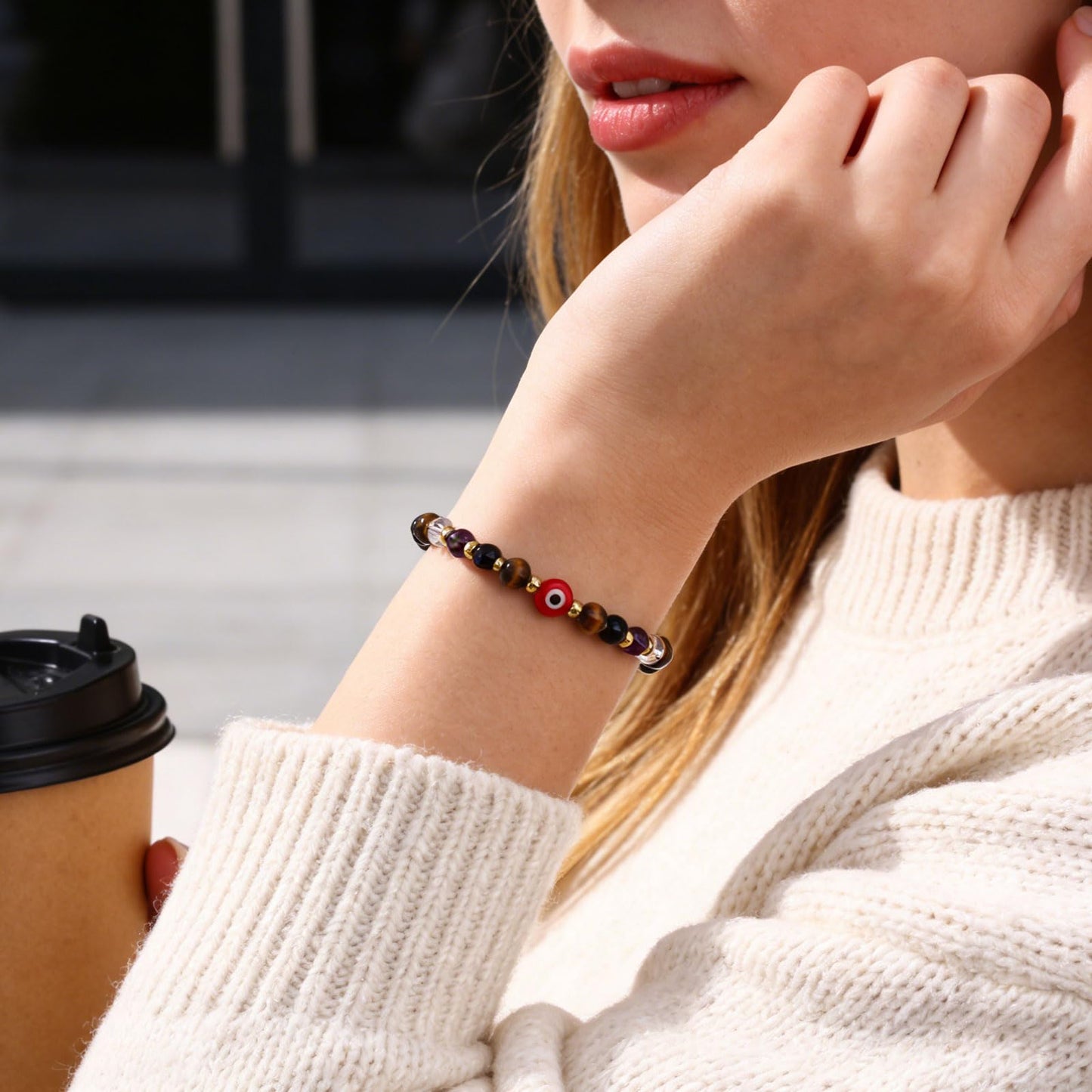 Cute Evil Eye Bracelet Red Black - Natural Crystal Protection Adjustable Spiritual Guardian Jewelry- 5 Healing Stones Clear Quartz Amethyst Black Tourmaline Tiger Eye Bracelet Adjustable (Red Eye-Red Rope)