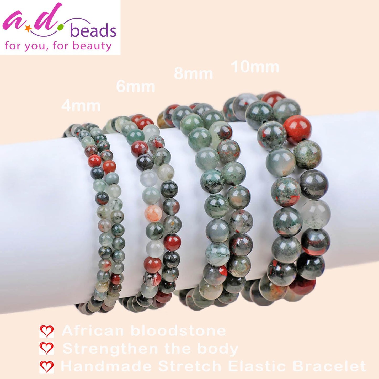 AD Beads Handmade Gemstone Stretch Elastic Bracelet Crystal Healing Reiki Nature's Beauty and Spiritual Essence Unisex (10mm, African Bloodstone (Strengthen the Body))