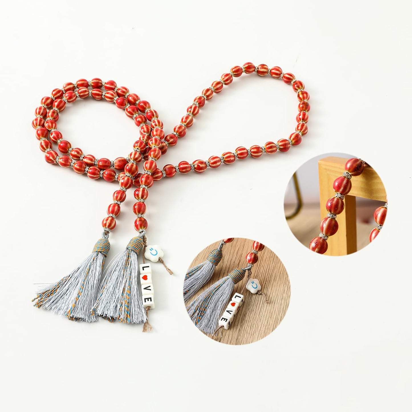 Handmade Bead Garland with Tassels - Farmhouse Rustic Prayer Bead String Wall Hanging Accent for Home Festival Decor.