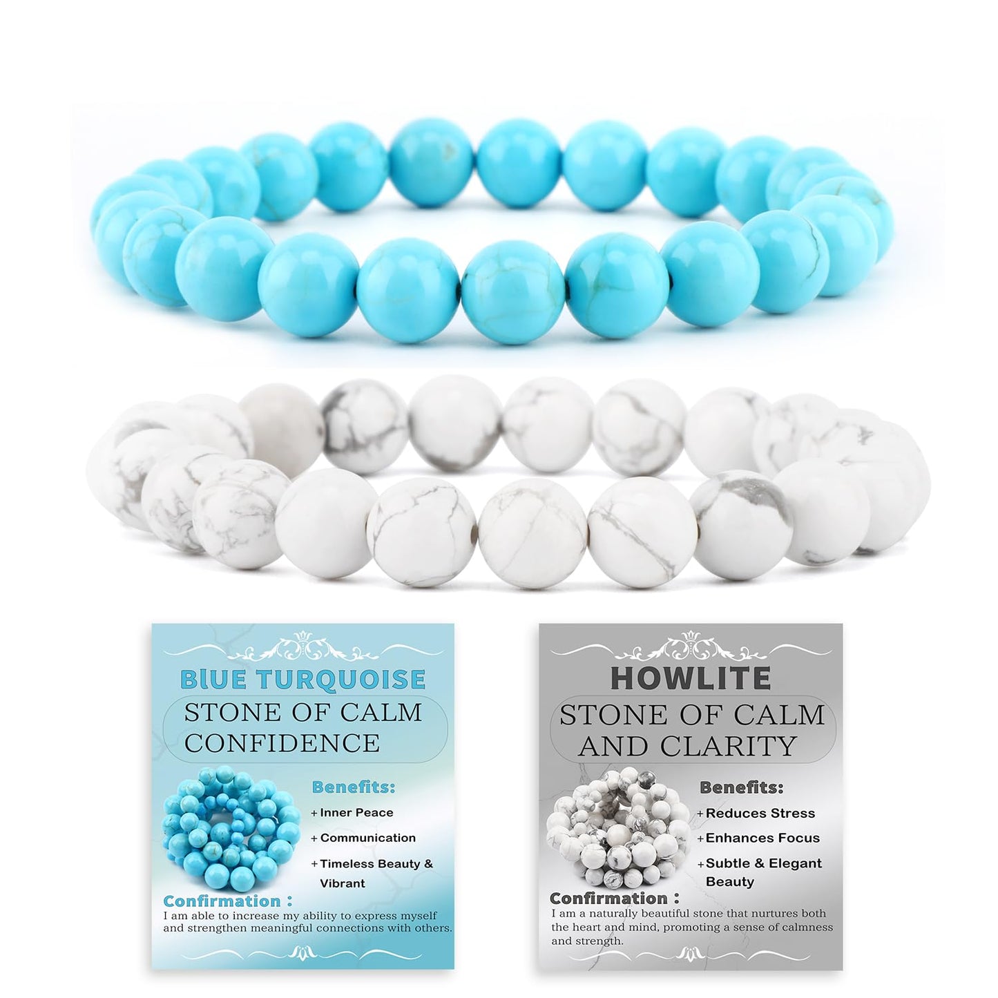NCB 2-Piece 8mm Natural Crystal Gemstone Stretch Bracelets – ﻿Blue Turquoise, Howlite Handmade Reiki Energy Healing Jewelry for Meditation,Yoga, Unisex