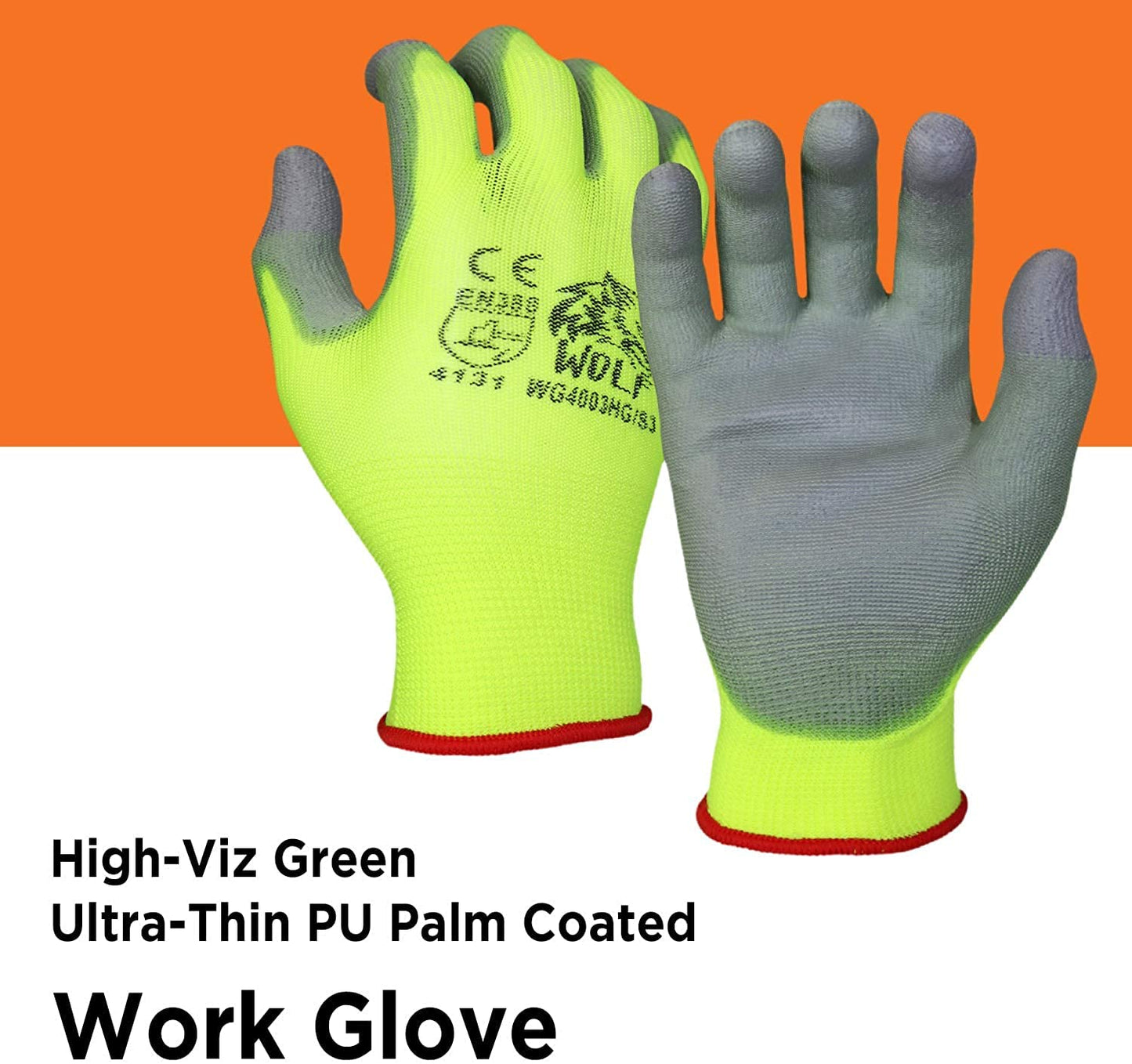 WOLF High-Viz Green Ultra-Thin PU Palm Coated Work Glove, Indoor/Outdoor, Construction, Maintenance, Gardening, Mechanic, Warehouse, Multi-Purpose, Flexible Grip, Small (Pack of 12)