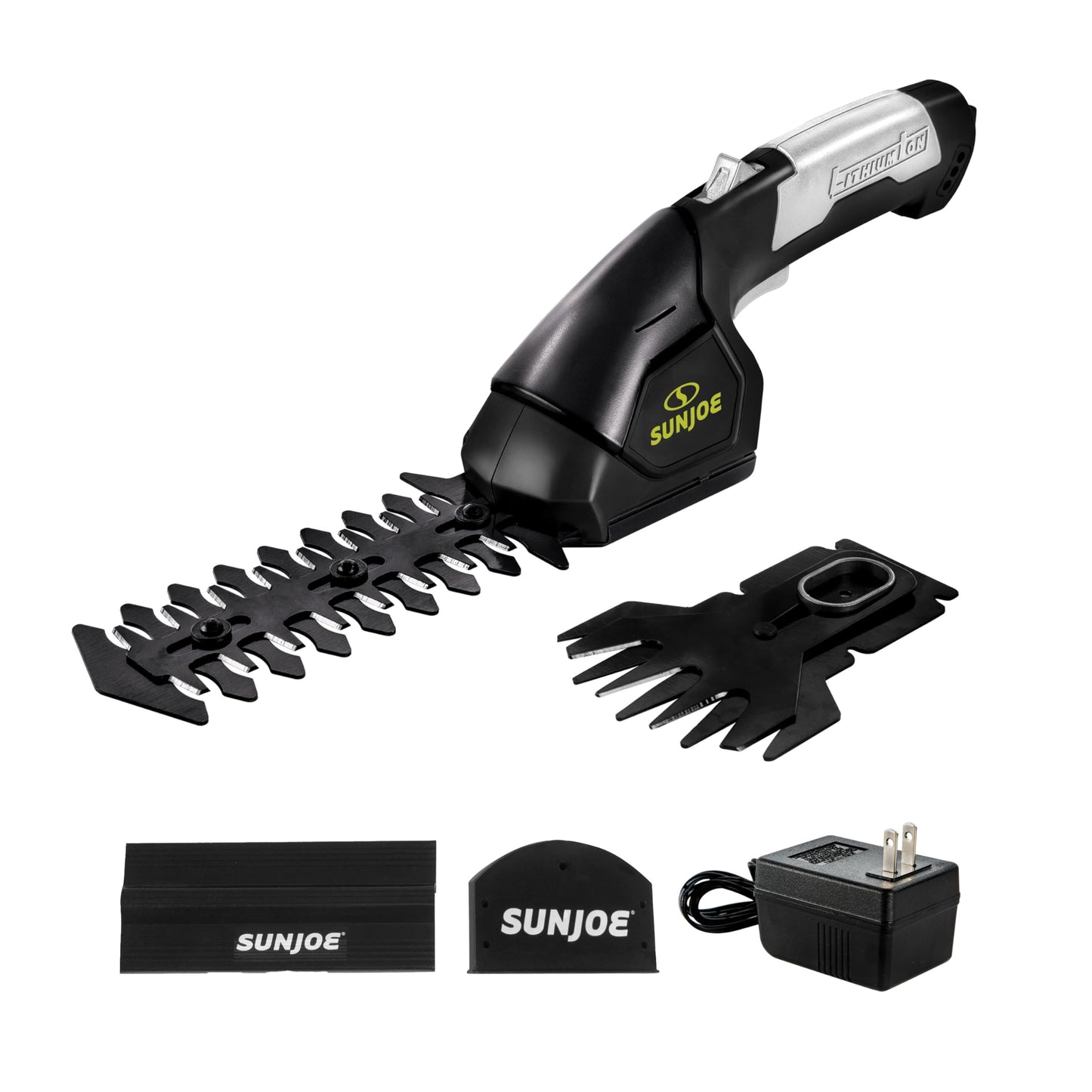 Sun Joe HJ604C Cordless Grass Shears and Hedge Trimmer, 2-in-1 Handheld Shrub Trimmer, 7.2V Lithium-Ion Battery, 1250 RPM Steel Blades, Charger Included