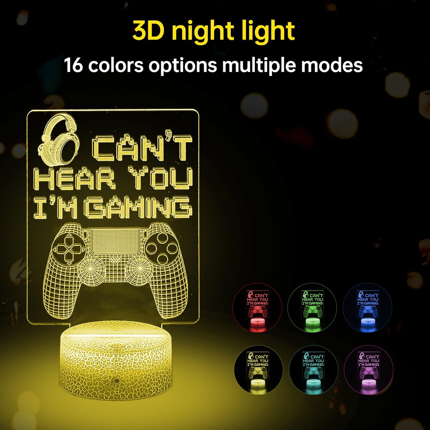 JYDZMYYM 3D LED Gaming Night Light with Remote, Can't Hear You I'm Gaming Controller Design, 16 Color Changing, USB and Battery Powered