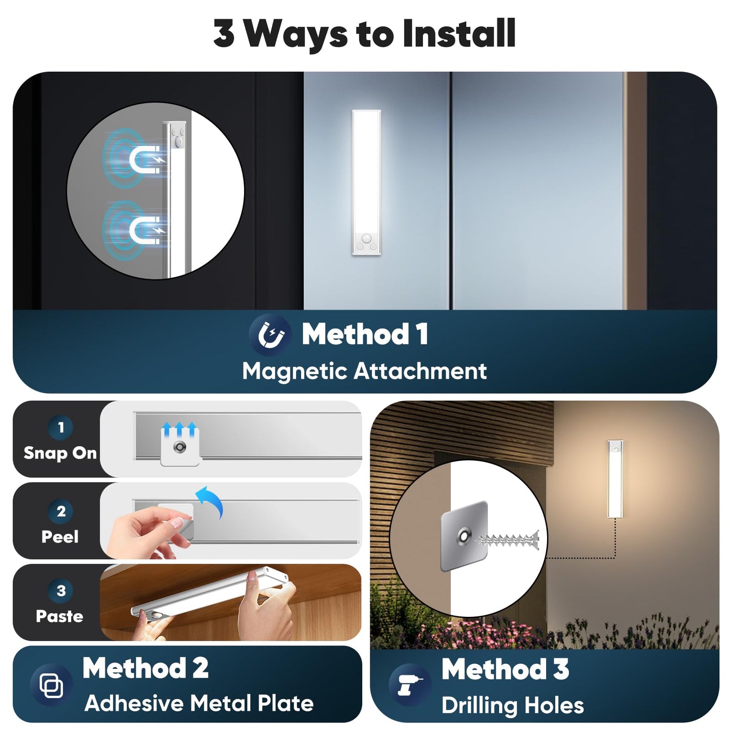 3-Pack Under Cabinet Lighting, 68LED 1800mAh Motion Sensor Lights Indoor, 3 Color Wireless Dimmable Rechargeable Battery Operated Closet Lights, Magnetic Under Counter Light Fixture for Kitchen Stair