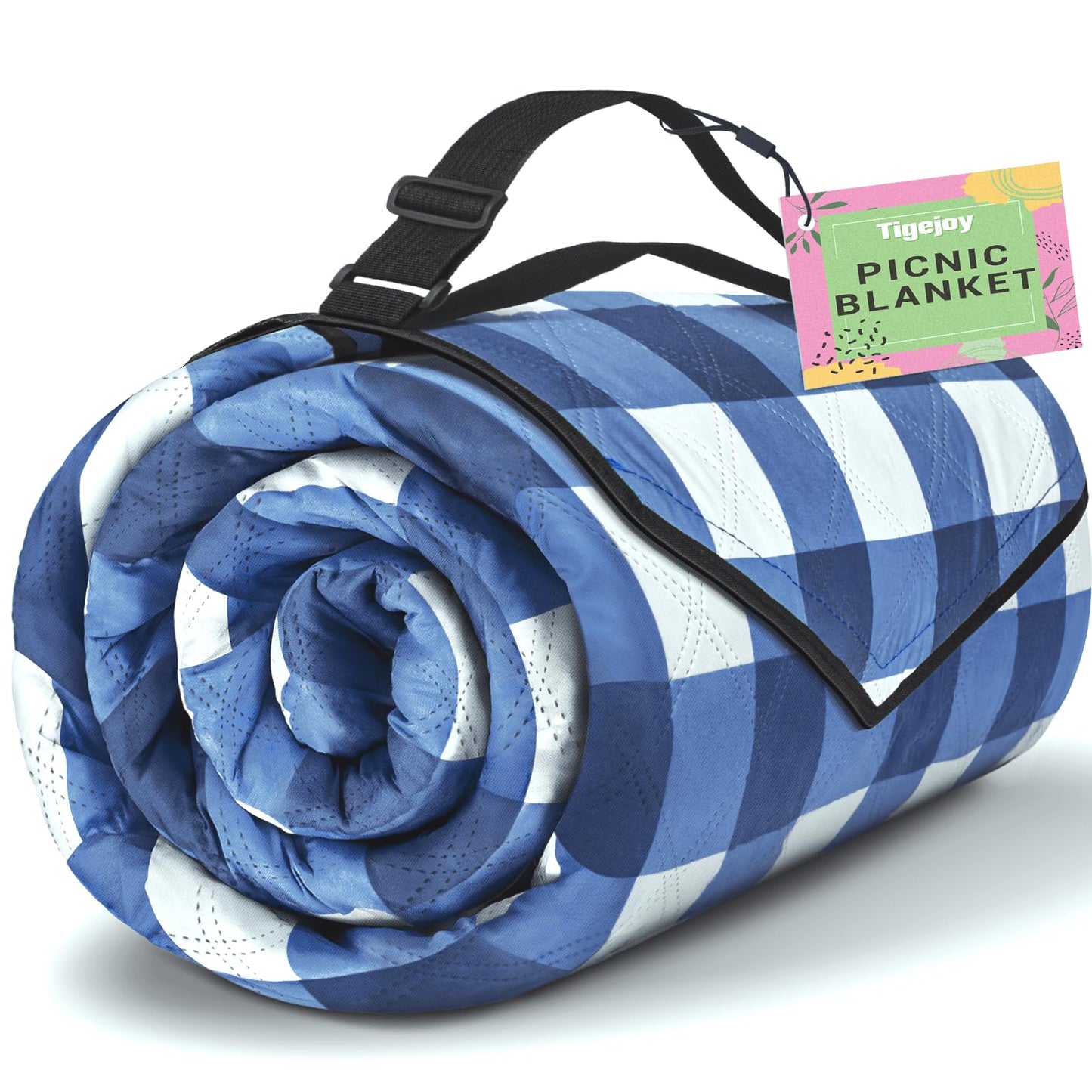 TigeJoy Extra Large Picnic Blanket Waterproof Foldable 80''x80'', Outdoor Picnic Mat Beach Blanket Sandproof for Park, Grass, Travel, Hiking, Camping Essentials, Gingham Picnic Blanket