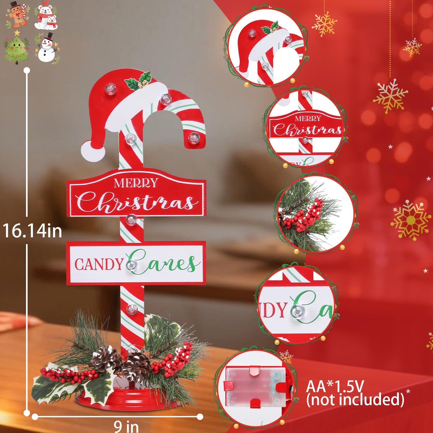 WONDER GARDEN Christmas Signs Indoor - 2 Pack Lighted Candy Cane Signs with Artificial Holly Berries, 16 Inch Metal Standing Merry Christmas Sign Decorations for Home or Party Table Decor Gift(Hat)