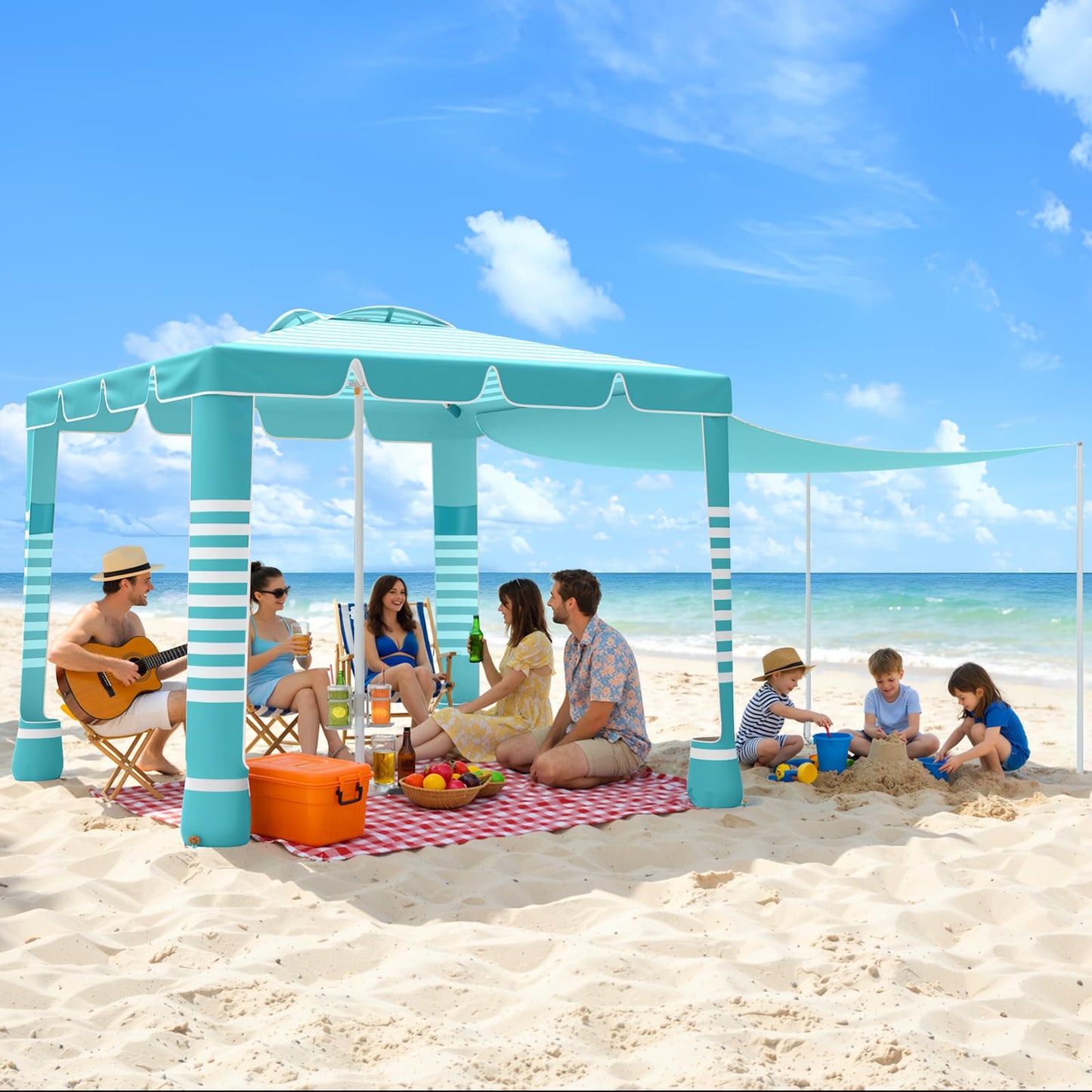 MoKo Beach Cabana,120 Sq. Ft. Large Beach Canopy Tent Sun Shade, UPF 50+ Protection Easy Setup Beach Tent, Adjustable Height Wind Resistant Cabana Sun Shelter for Whole Family, Light Green Stripes