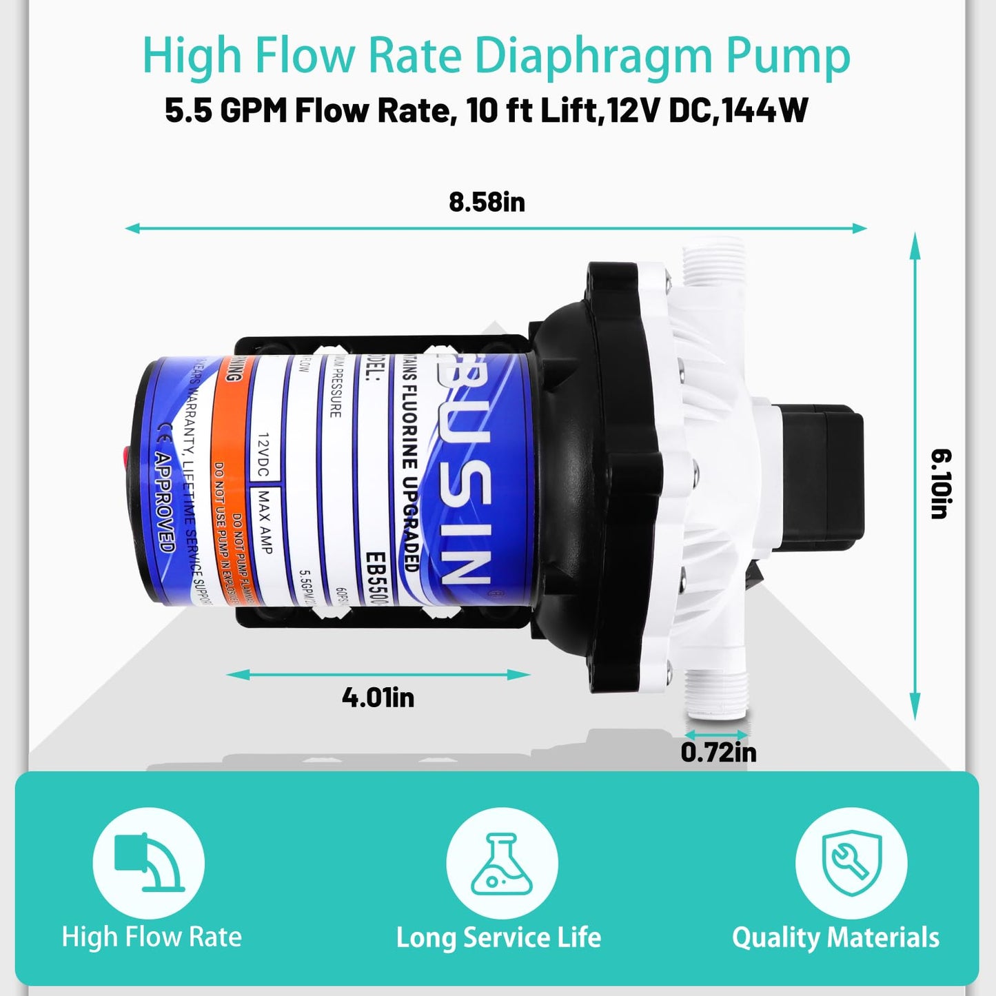 12V Pump, 5.5GPM Diaphragm Water Pump, 60Psi 1/2MNPT Connection,Self Priming Up to 10 Feet .Ideal for Sprayer and Pressure Washing (White)