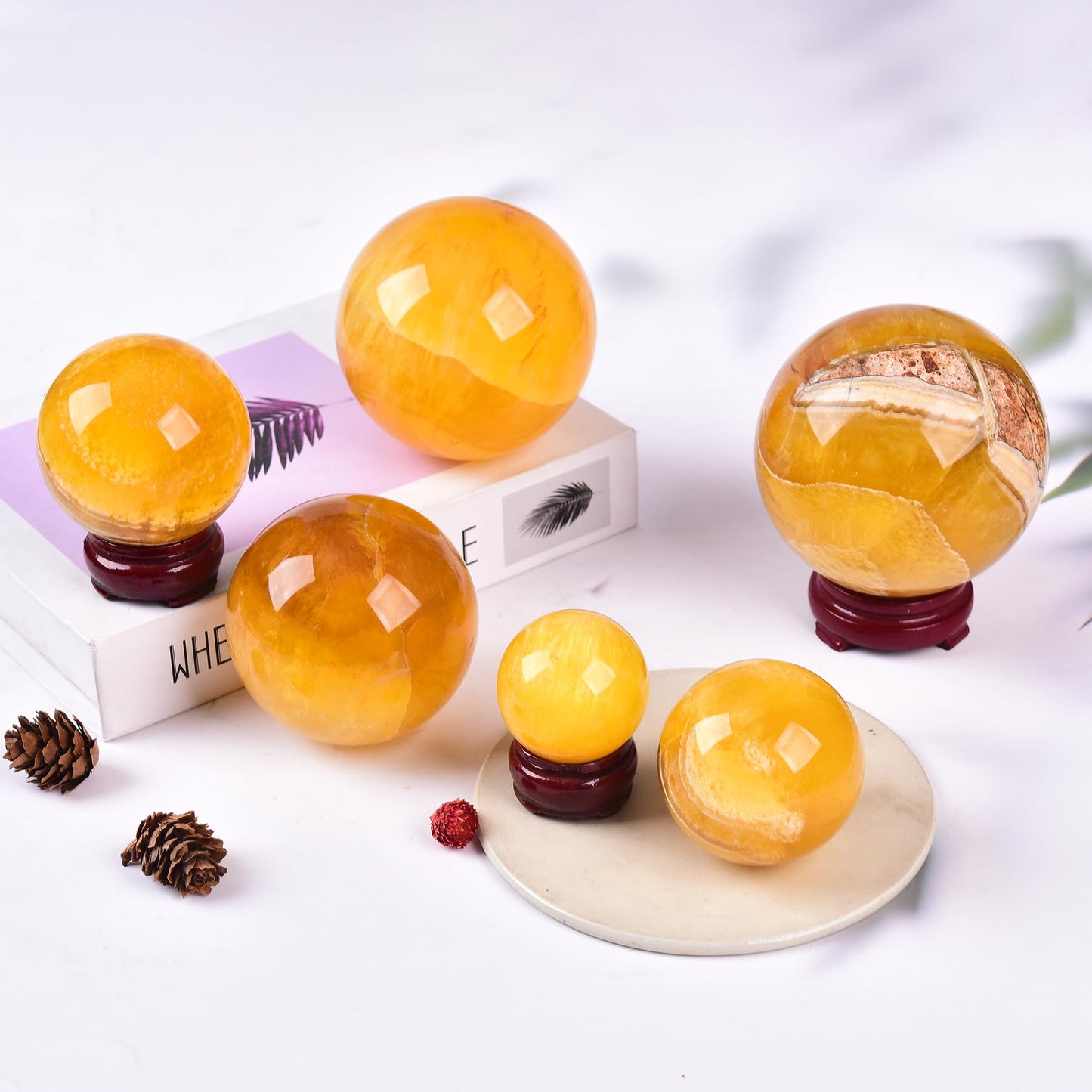 JIC Gem Natural Yellow Fluorite Crystal Sphere with Wooden Stand,Decorative Crystal Ball Yellow Gemstone Sphere for Meditation,Feng Shui,Witch-Style Decor,Table 70-80mm