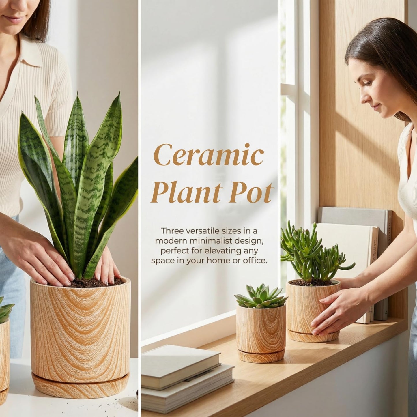 Dicunoy Set of 3 Ceramic Planters - 6"/5"/4" Cylinder Flower Pots with Drainage Holes and Saucers for Indoor, Outdoor, Garden, Cactus, Herbs, Snake Plants, Aloe Vera, All House Plants