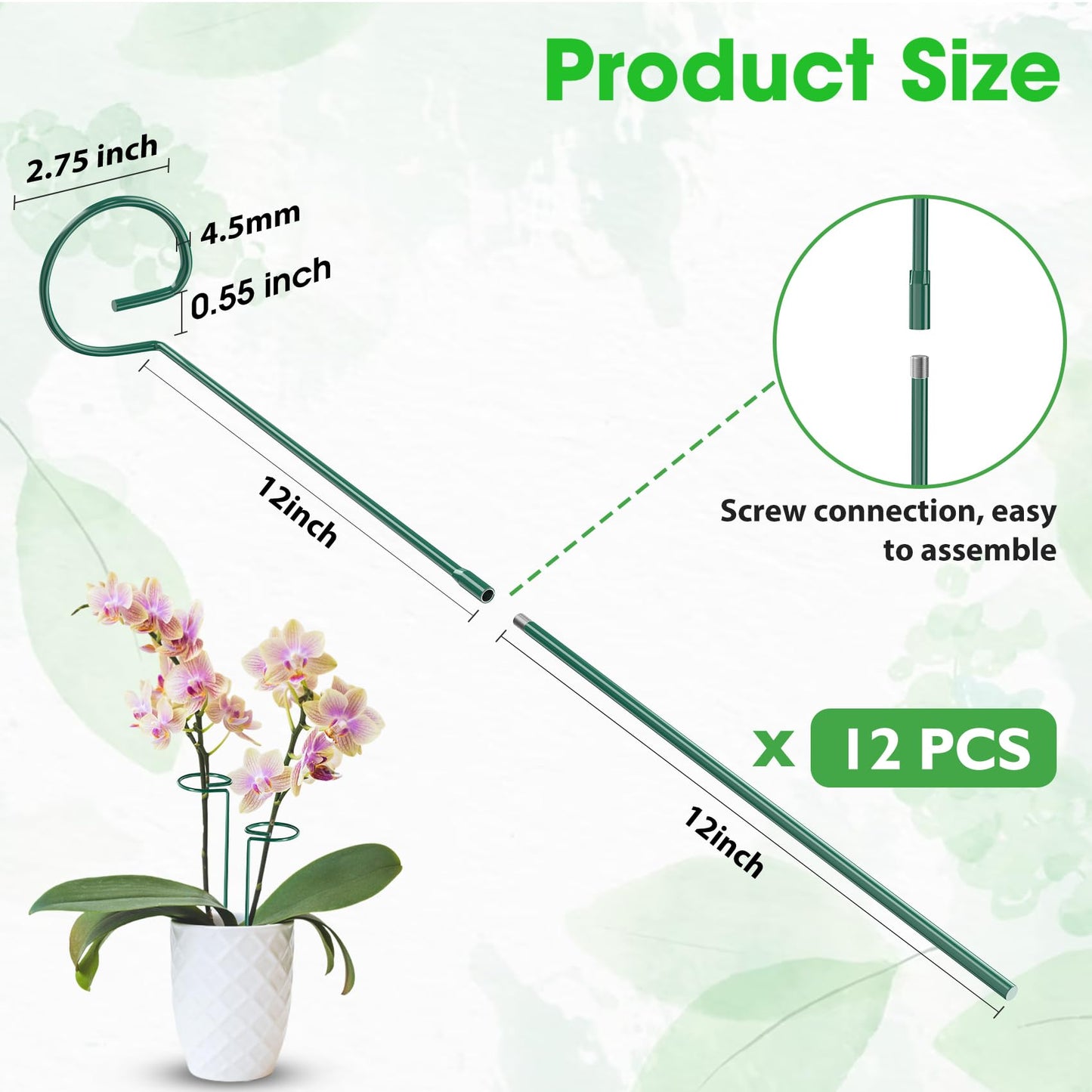 Unves 12 Pack Plant Stakes, 24 Inch Garden Plant Support Stakes, Green Single Stem Plant Cage for Outdoor & Indoor Plants Orchid, Tomatoes, Peony, Lily, Rose, Sapling with 100 Pcs Twist Ties