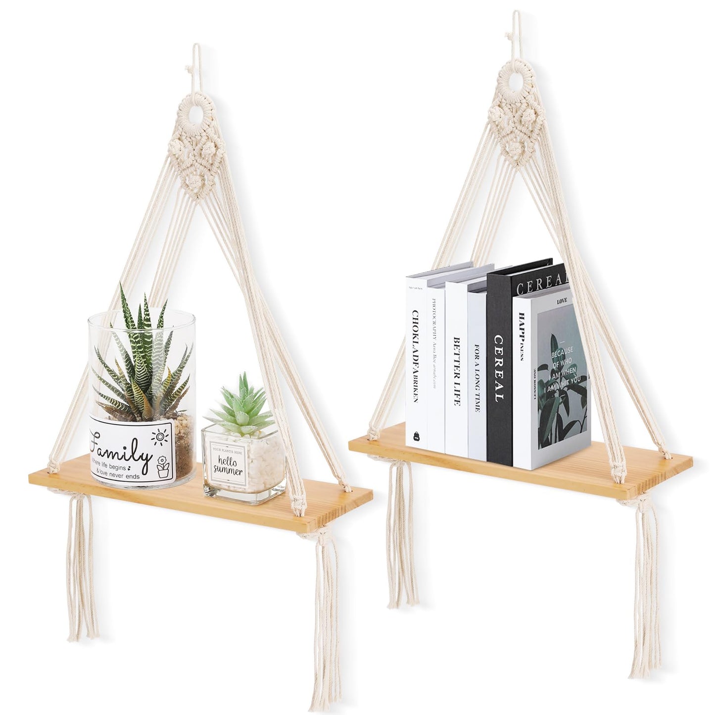 Sunkaioo Macrame Wall Hanging Shelf Set of 2,Boho Wooden Display Floating Shelves for Wall Decor with Handmade Woven Rope,Farmhouse Rustic Plant Shelf for Bedroom Dorm Nursery Living Room Bathroom