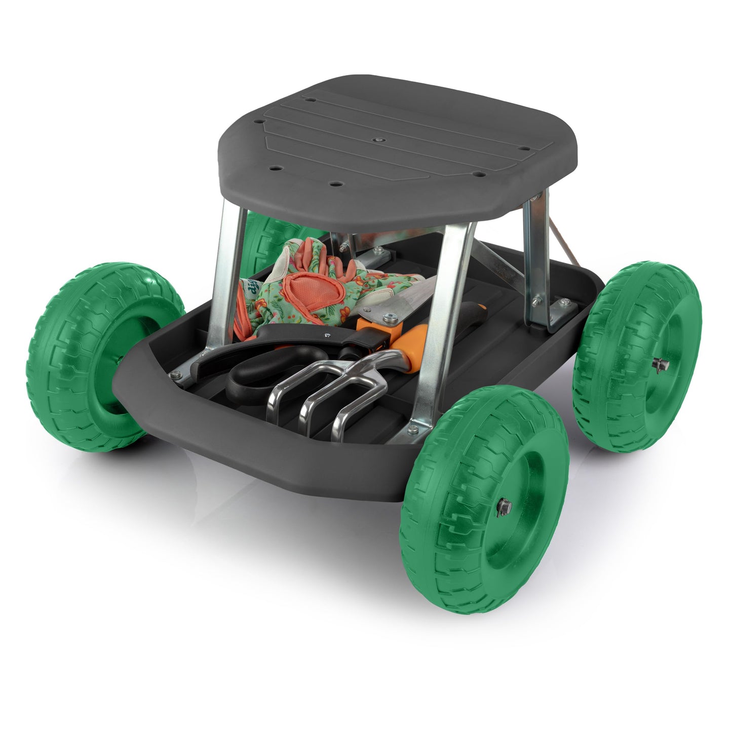 Gardening Stool - Rolling Garden Seat with Wheels and Storage Tool Tray - Garden Cart Scooter - Yard Tools by Pure Garden (Black and Green)