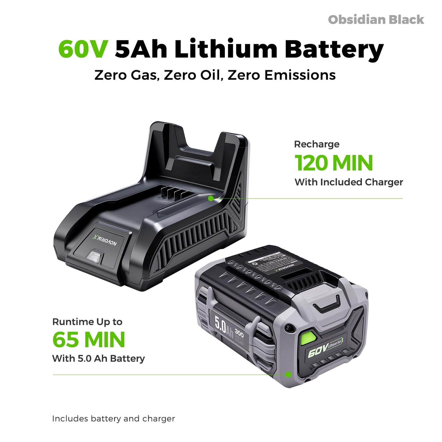 NovorikX 60V 5Ah Self-Propelled Electric Cordless Lawn Mower with 5.0Ah Battery 21-Inch, Brushless Mower for Large Yards, LED Headlight, Rapid Charger 3-in-1 Versatility Obsidian Series
