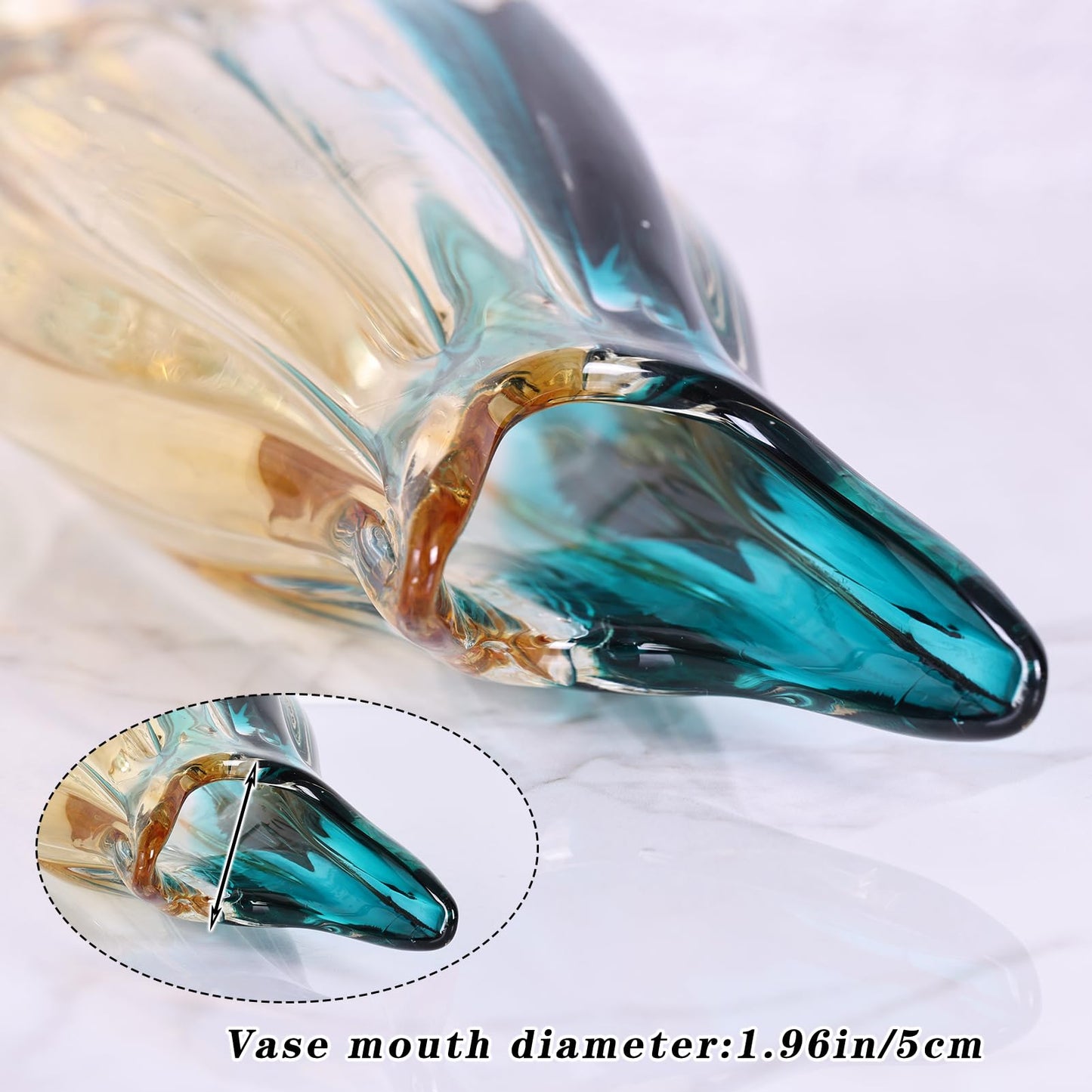 Hand Blown Glass Flower vases,Unique Wide-Mouth Vase,Modern Turquoise Glass Art Decor,for Home Living Room, Office, Table centerpieces, Bookshelves and Wedding Decorations (9.8inch H)