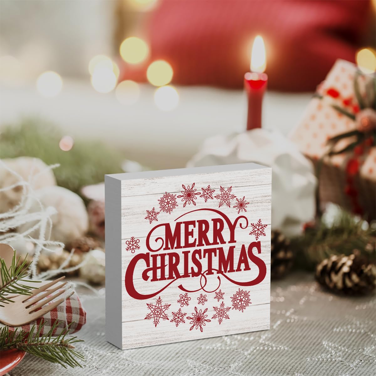 Retro Rustic Winter Merry Christmas with Snowflakes Wood Box Sign, Farmhouse Christmas Santa Artwork Decor, Wood Square Sign Desk Block Signs Home Shelf Office Decoration 5 x 5 Inches