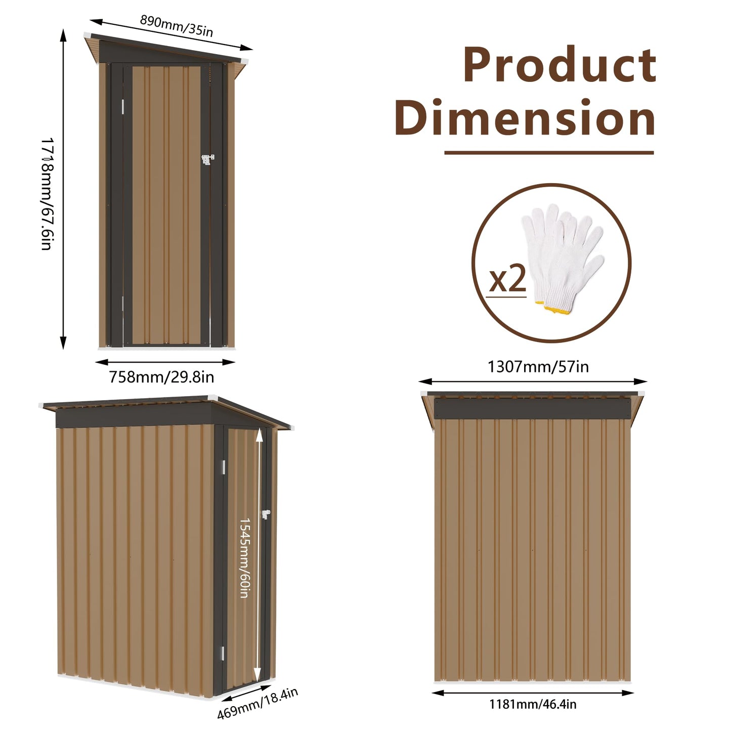KEIKI 5x3 FT Metal Storage Shed with Pent Roof & Side Hinge Door, Small Outdoor Storage Shed for Garden Tools, Backyard Metal Shed for Patio or Tiny House Use, Brown