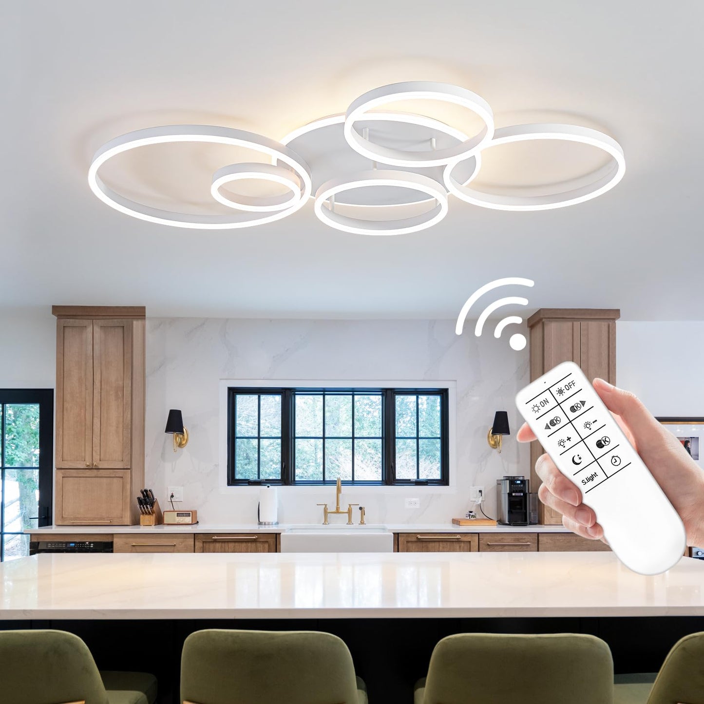 O'NEELDY Modern LED Ceiling Light White Flush Mount Ceiling Lights Fixtures Dimmable 47" Dining Room Light Fixture with Remote 6 Rings Kitchen Lighting Fixtures Ceiling Lamp for Bedroom,Living Room