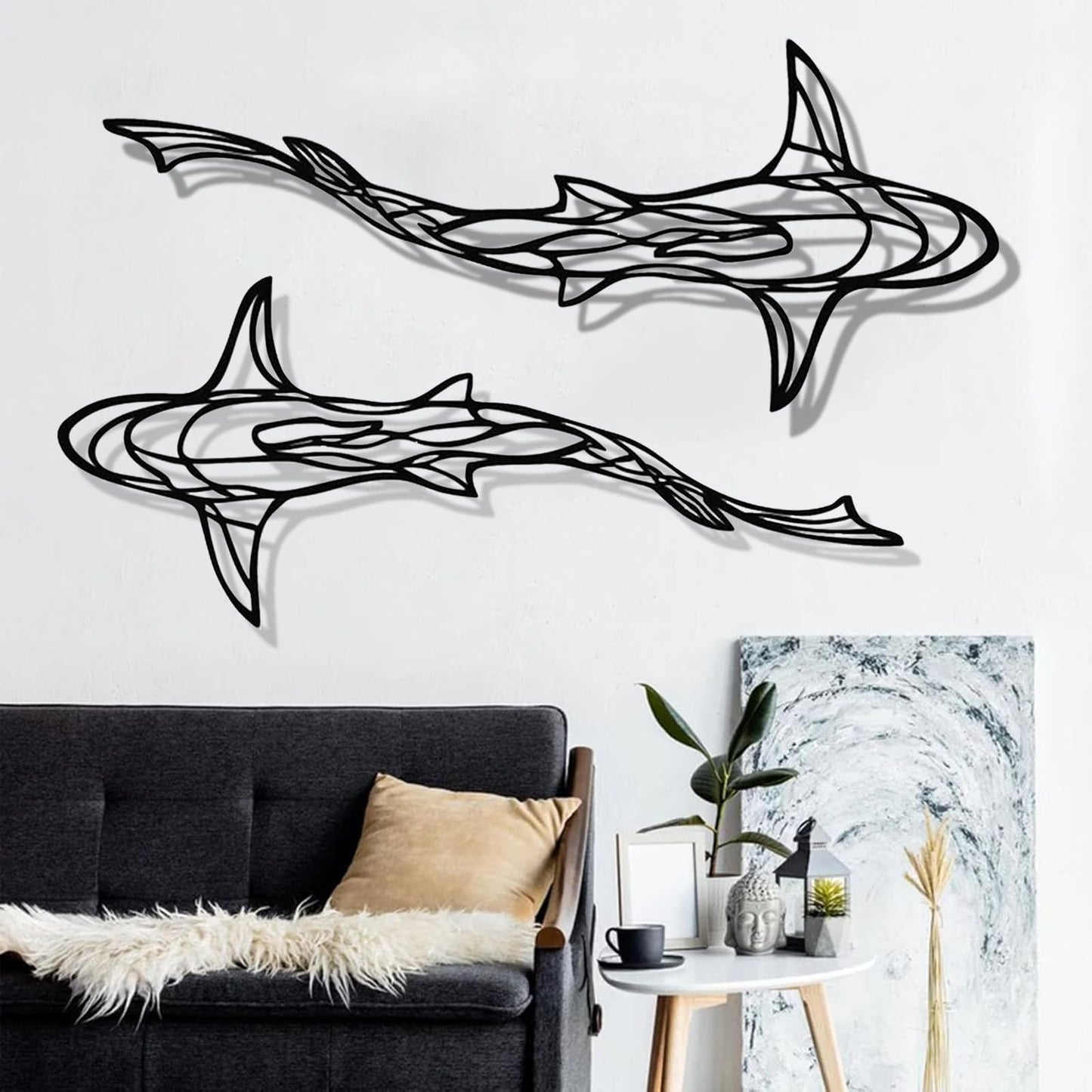 GDSPD Large 3D Metal Shark Wall Decor, Shark Line Wall Art, Metal Wall Art Decor, Metal Shark Sculpture, Ocean Fish Wall Hanging Shark Metal Wall Decor Art Wall Decorations for Living Room Bedroom (2 Pcs (Black))