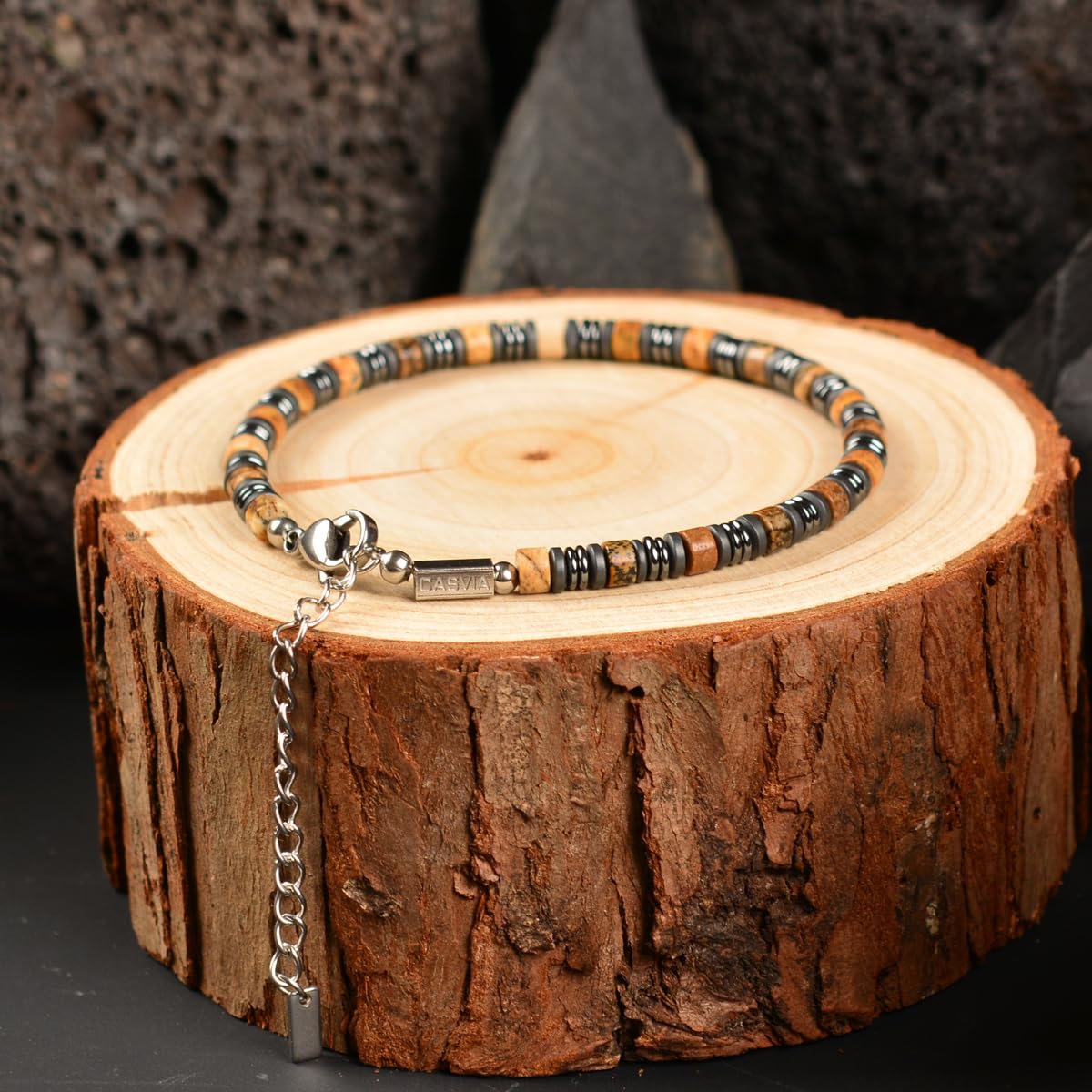 Casvia Picture Stone Beaded Bracelet for Men, Adjustable Hematite Stainless Steel Chain, Durable Mens Jewelry for Daily Wear, Ideal Gift for Father, Boyfriend, Husband