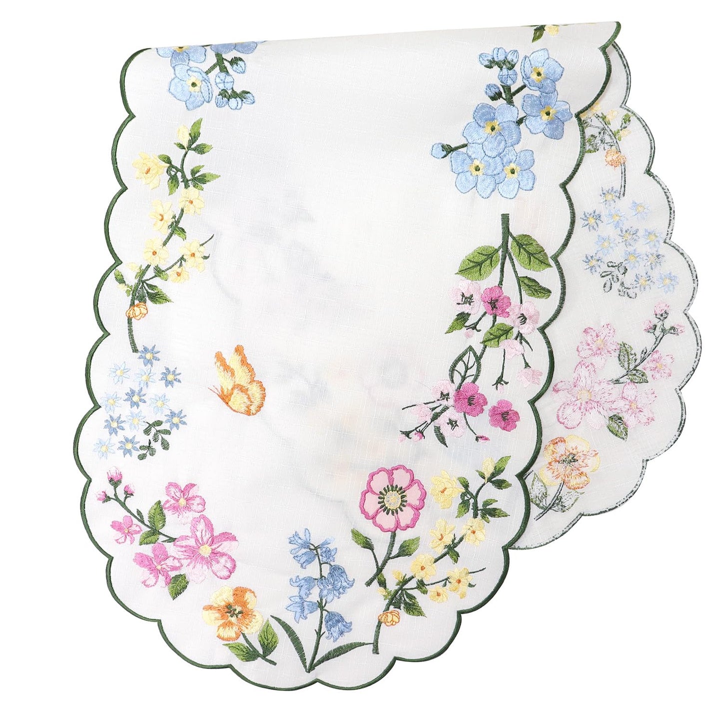 Spring Table Runner Embroidered Floral Scalloped 36 Inches Long Pink Flowers Easter Seasonal Cutout Summer Flowers Coffee Dinning Table Centerpieces