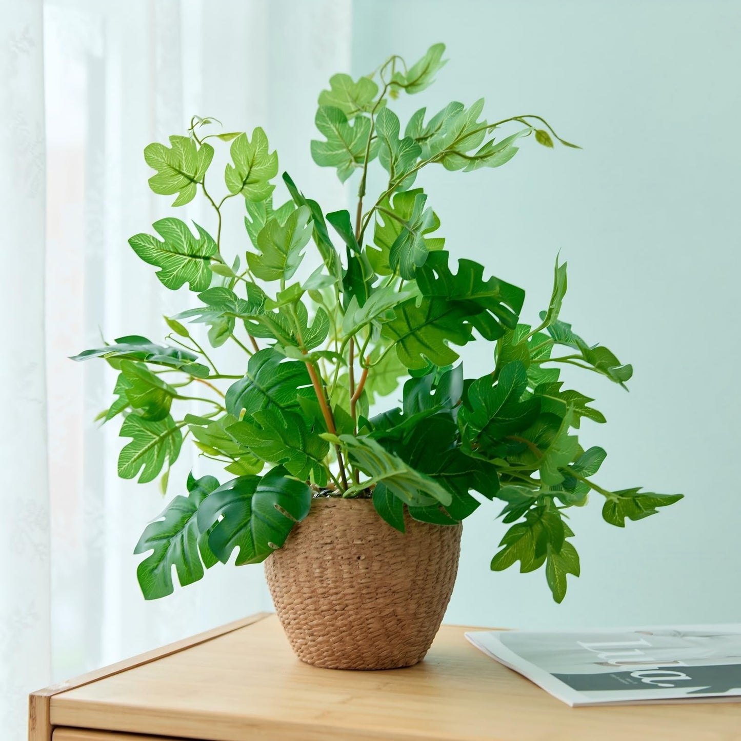 Arbolanta 14'' Decorative Faux Monstera Plant Potted in Yellow Woven Ceramic Planter Realistic Fake Greenery Artificial Plant for Home Office Bathroom Kitchen Bedroom Tabletop Decor