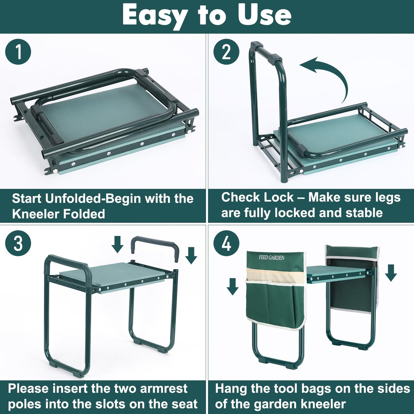 FEED GARDEN Garden Kneeler and Seat, Upgraded Foldable Gardening Stool with 10.23" Wide Kneeling Pad, Heavy Duty Gardening Bench Chair with 2 Tool Pouches, Gardening Gifts for Seniors Mom Women Men